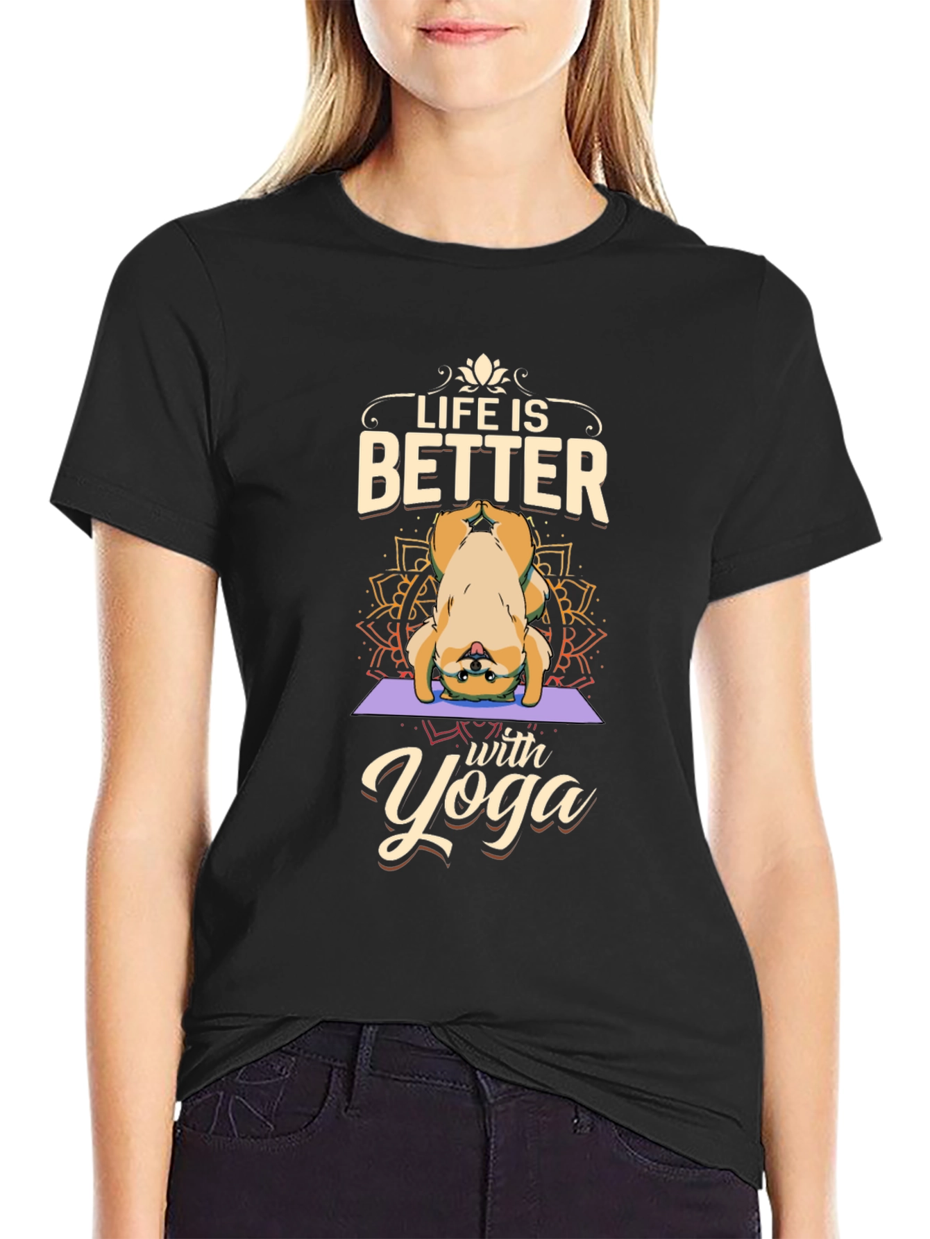 Black Yoga Dog Graphic T-Shirt - Life is Better view 2