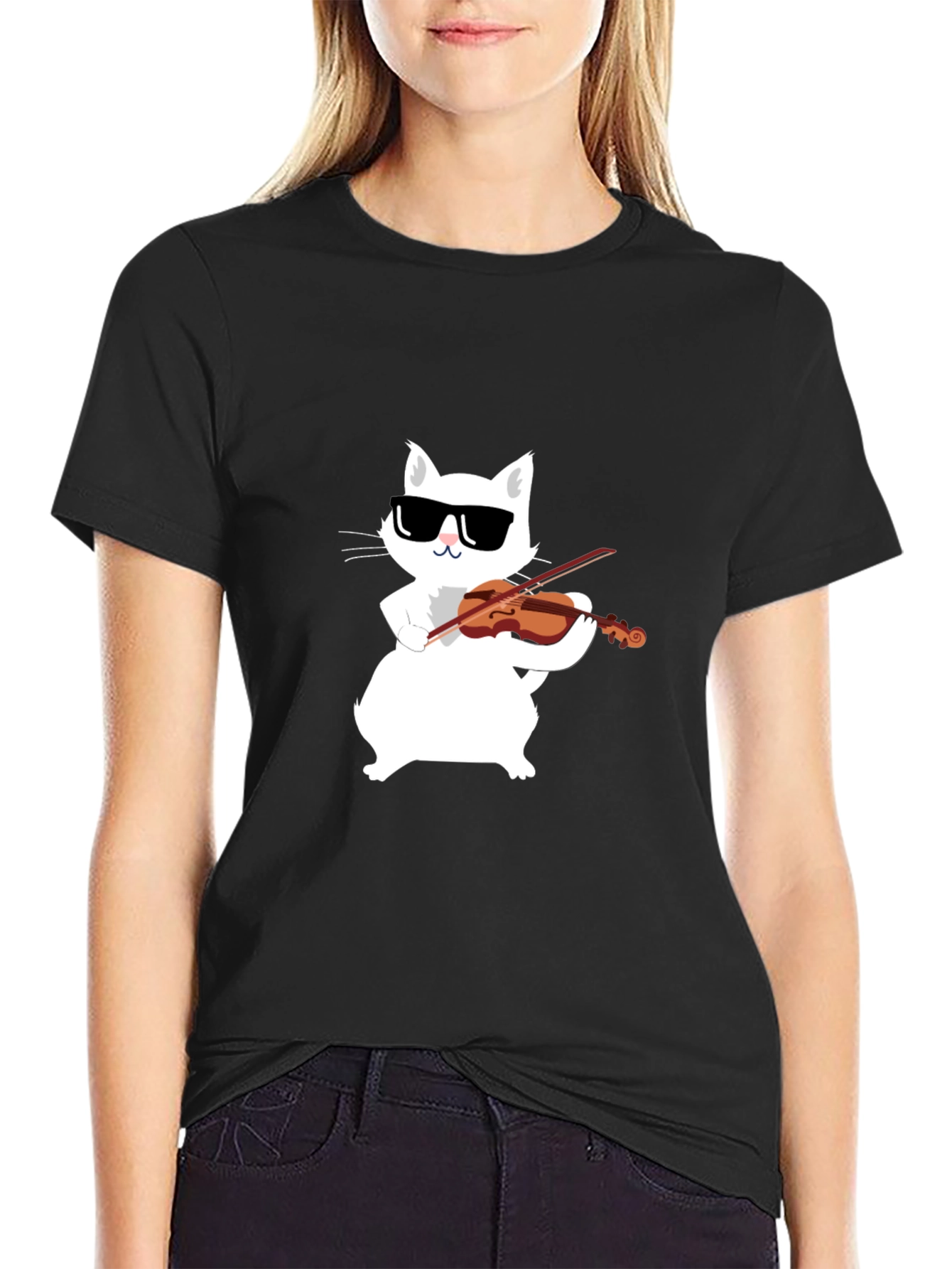 Black Cool Cat Violinist Graphic Tee view 2