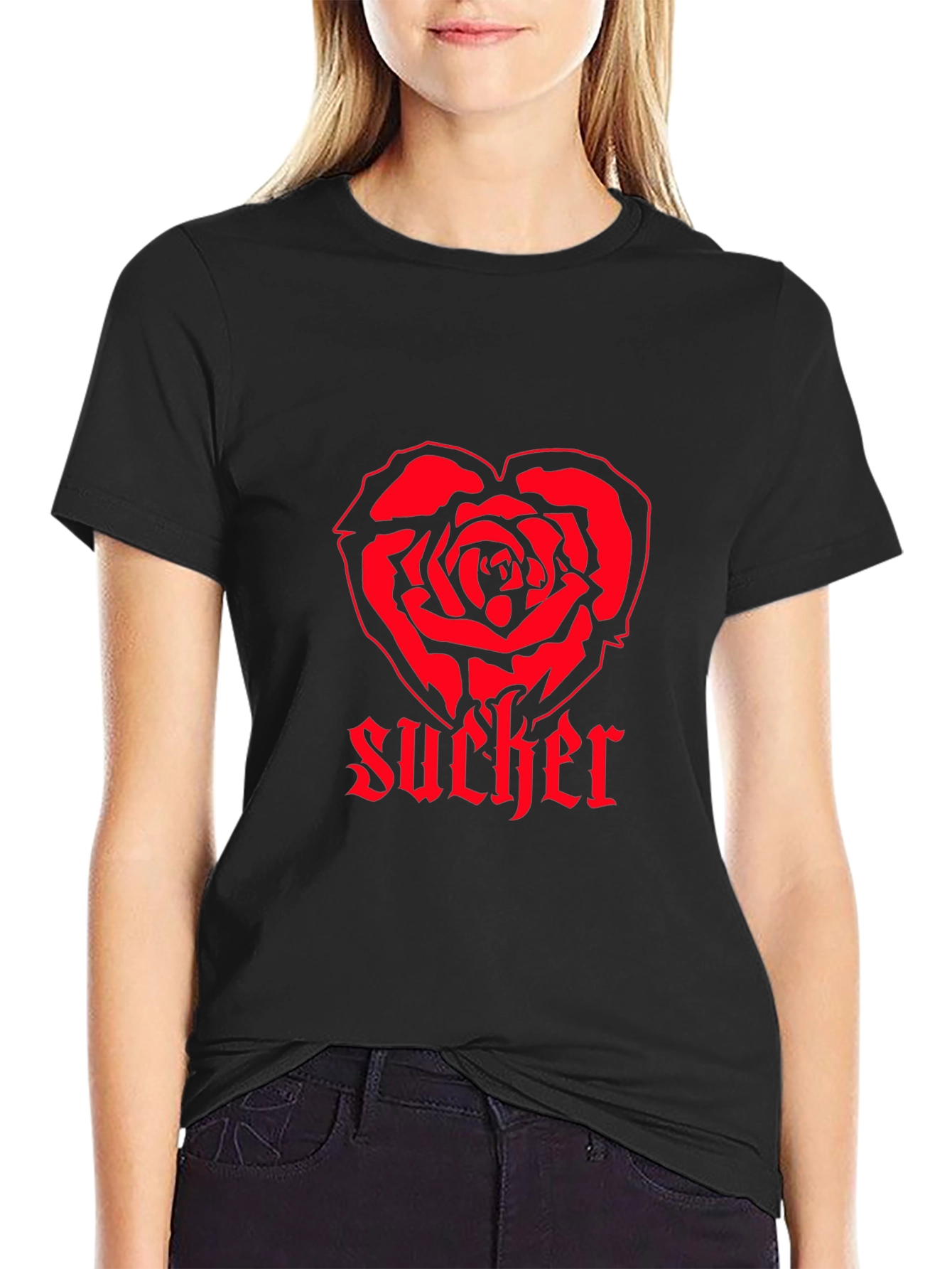 Black Sucker Heart Rose Graphic T-Shirt view 2