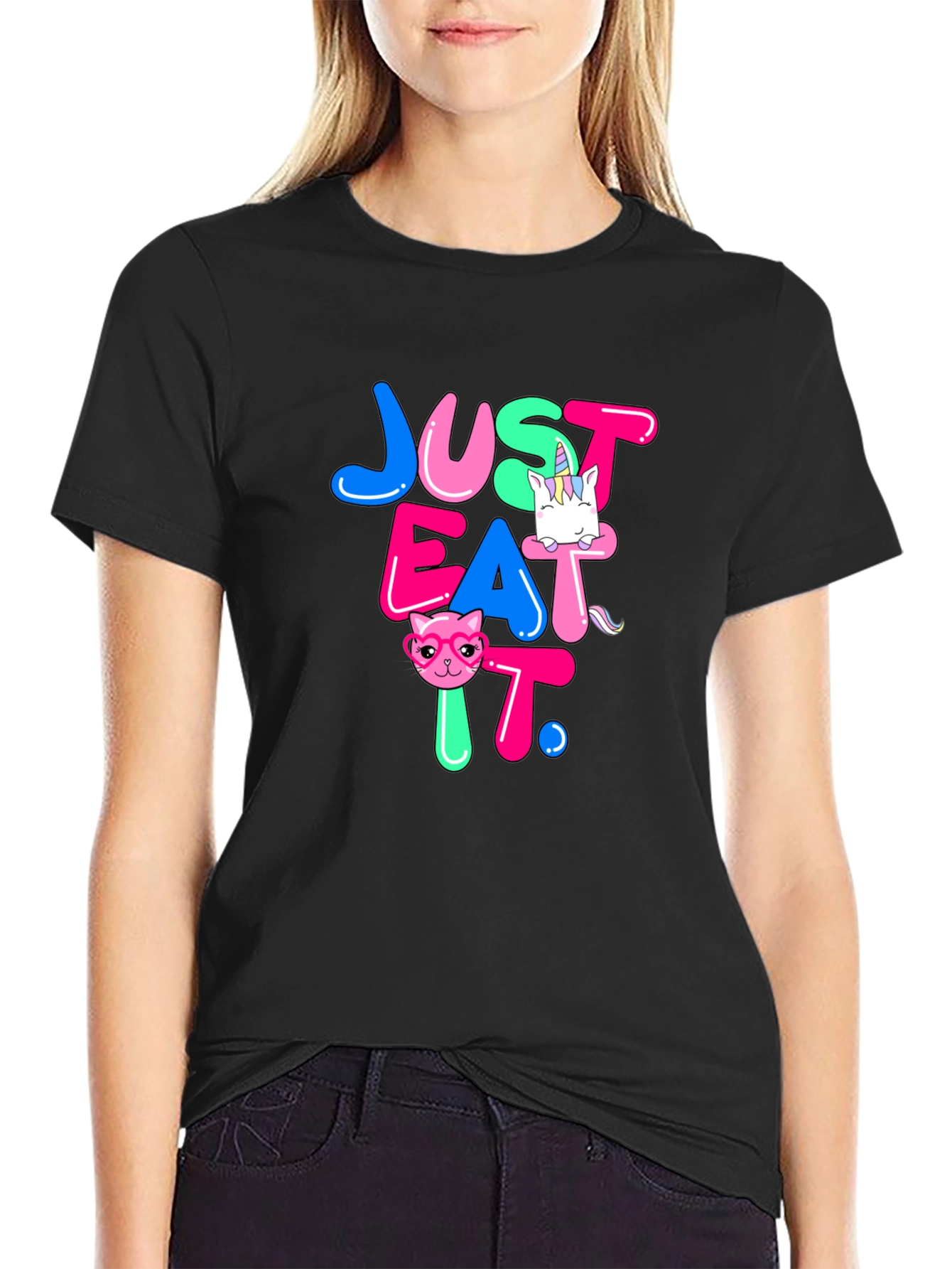 Black Just Eat It Graphic T-Shirt - Funny Cat & Unicorn Design view 2