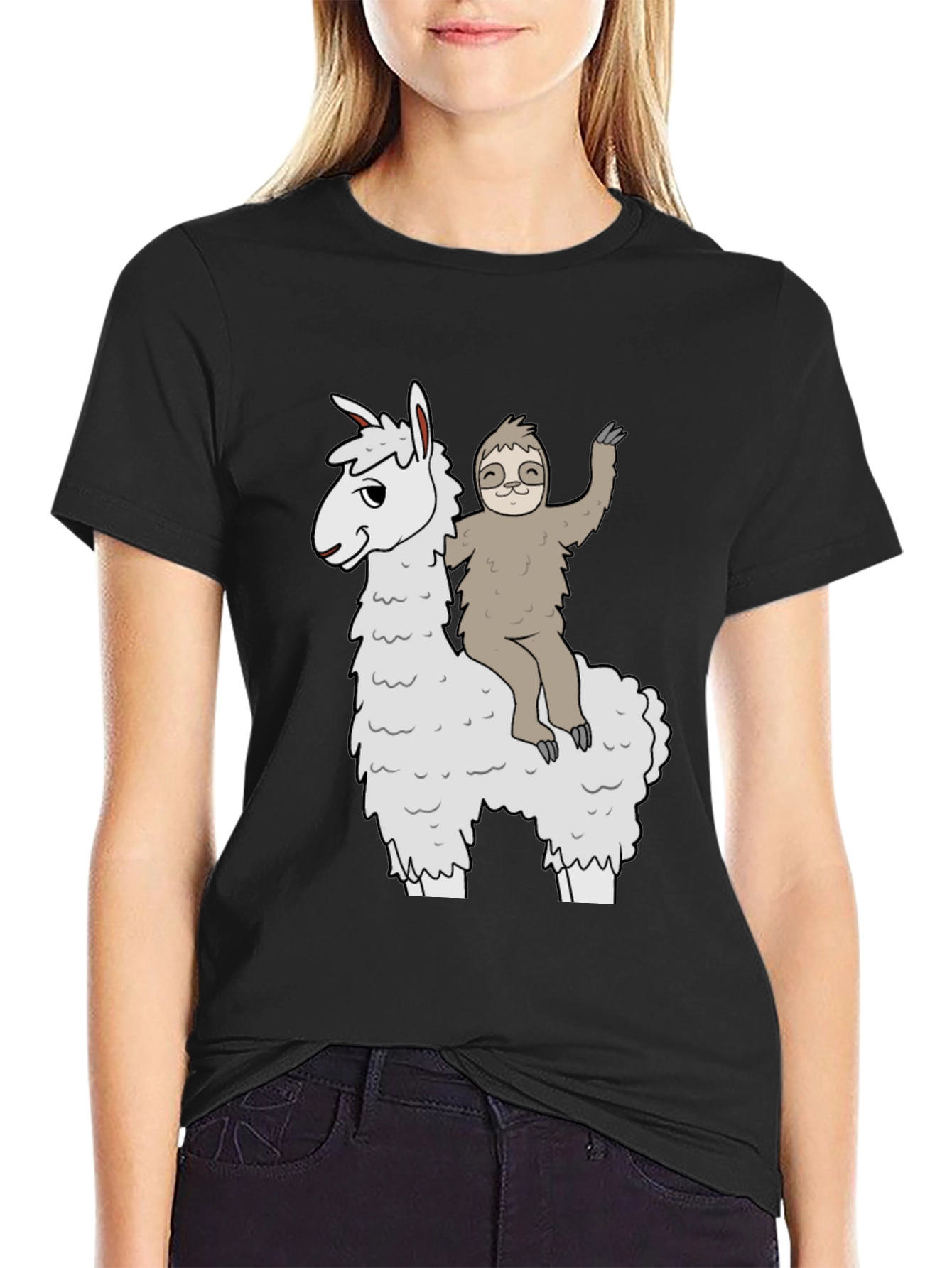 Black Llama & Sloth T-Shirt - Fun Graphic Tee view 2