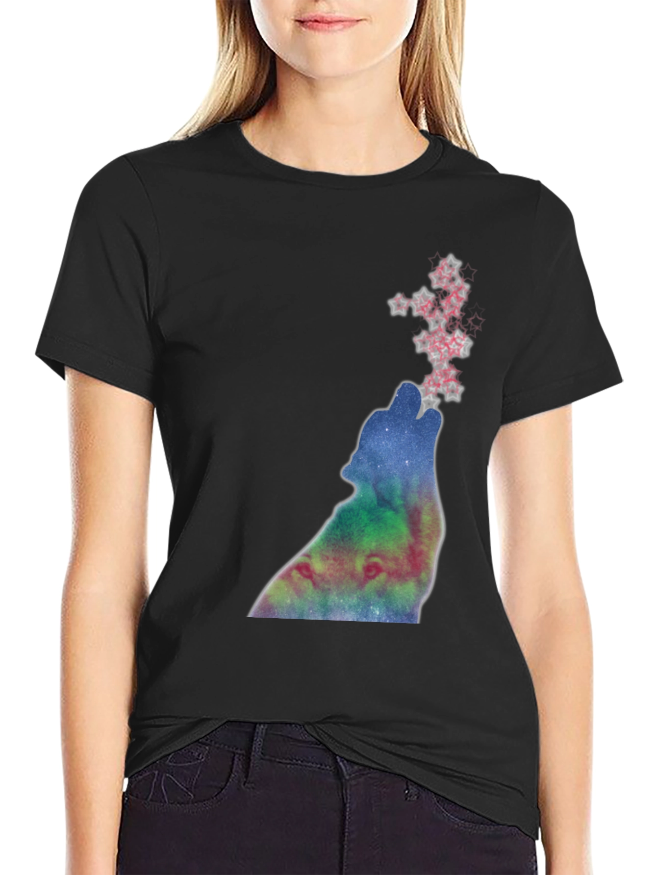 Black Galaxy Wolf Howl Graphic Tee - Soft Black Cotton view 2