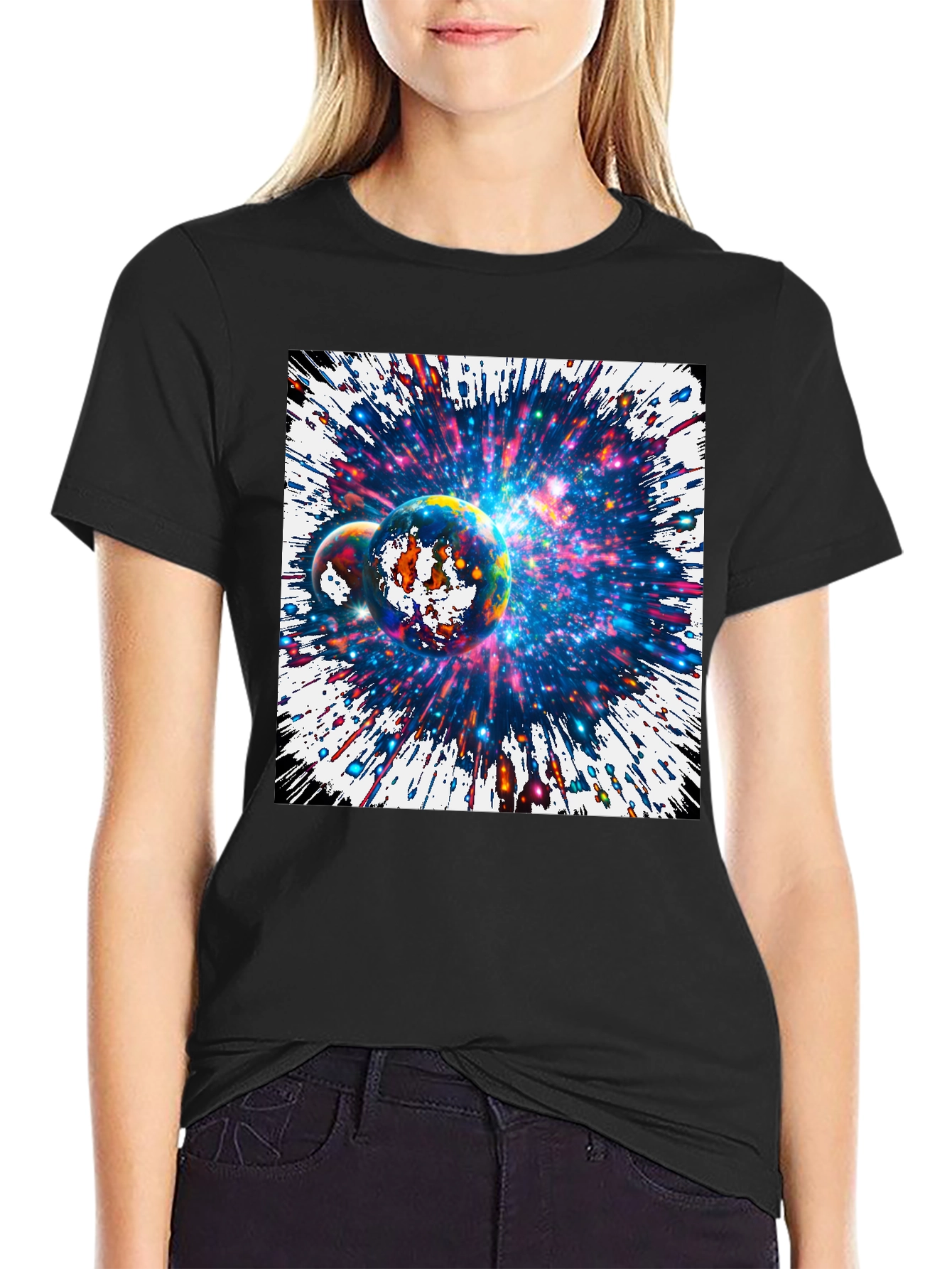 Black Cosmic Planets Graphic Tee - Black Cotton T-Shirt view 2