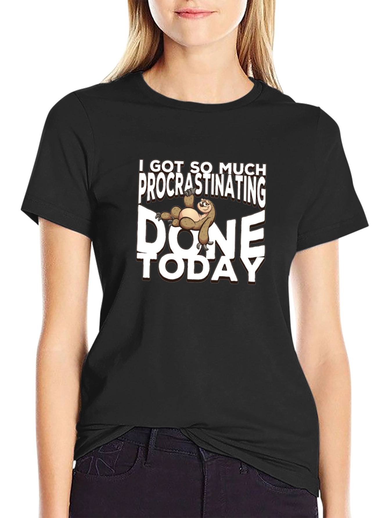 Black Procrastinating Sloth T-Shirt - Lazy Day Humor view 2