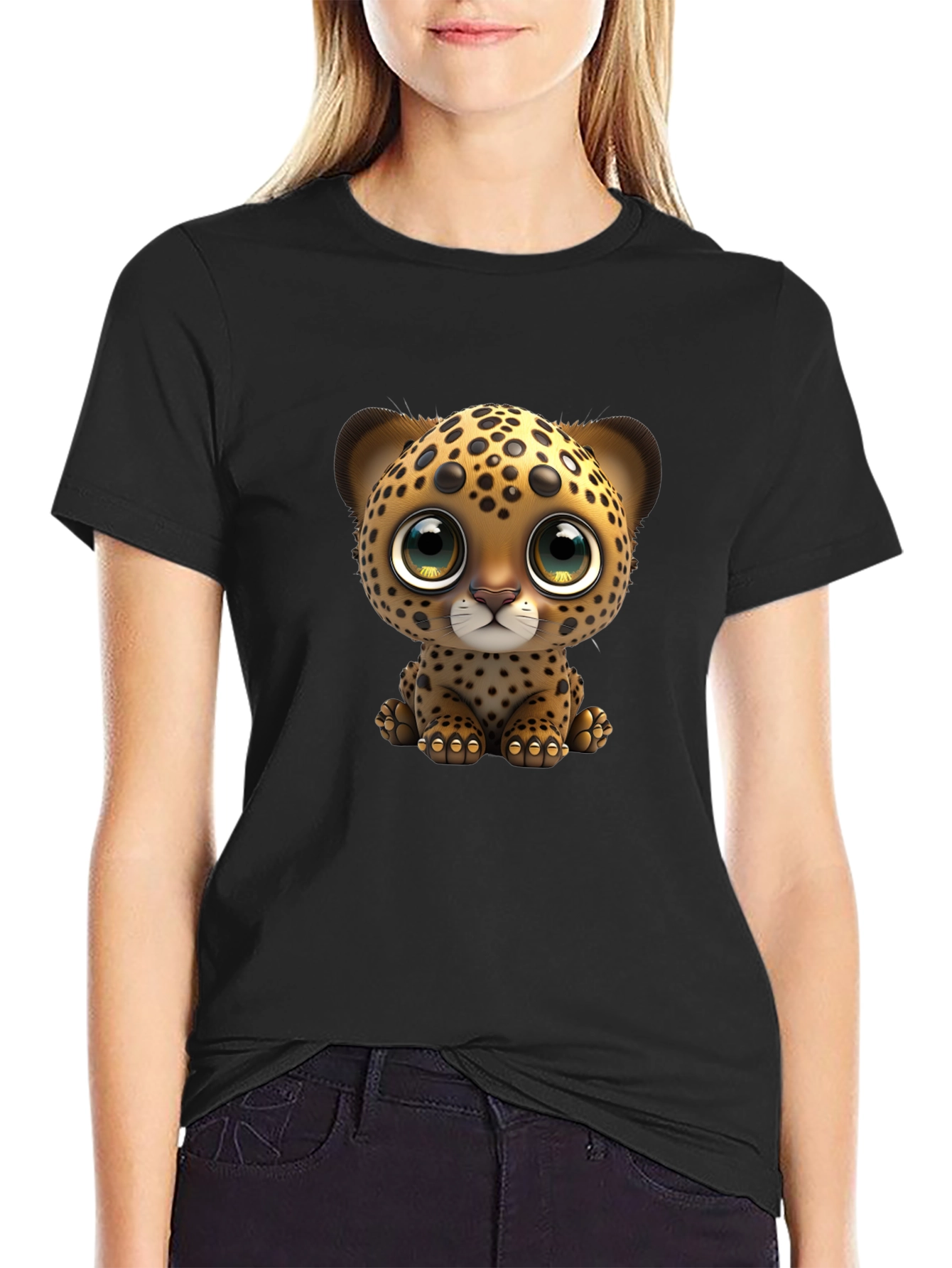 Black Cute Leopard Cub Graphic Tee - Soft Cotton Blend view 2