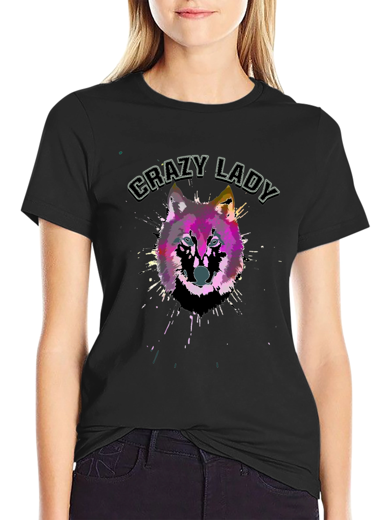 Black Crazy Lady Wolf Graphic Black T-Shirt view 2