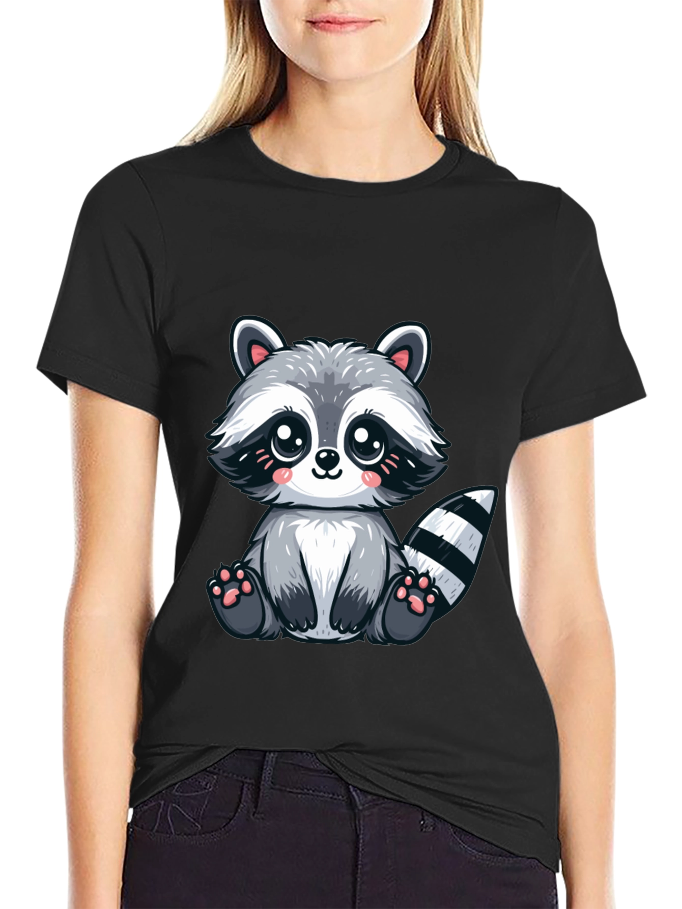 Black Cute Cartoon Raccoon Graphic Tee - Soft Black Cotton view 2