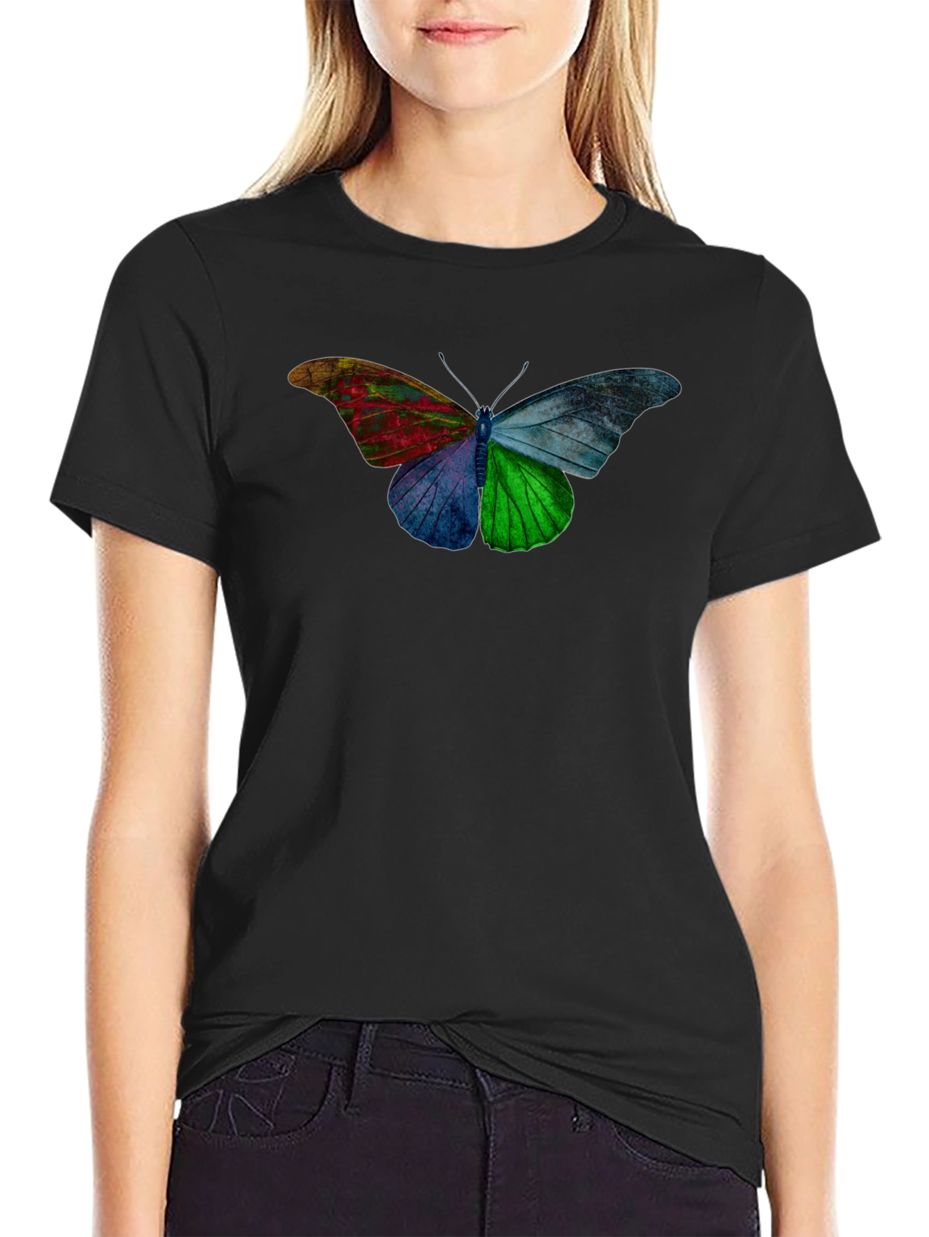 Black Colorful Butterfly Graphic Tee - Casual Comfort view 2