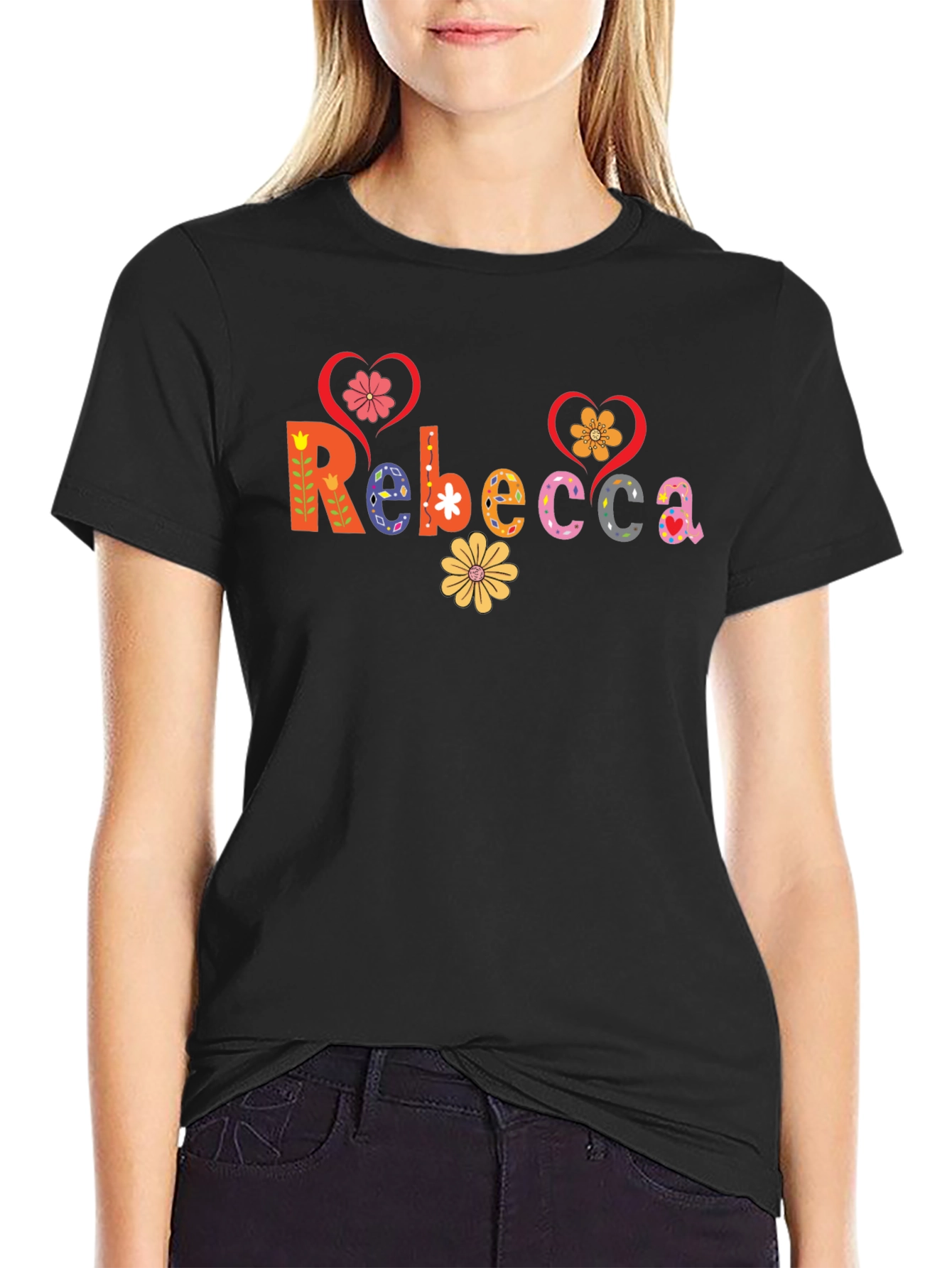 Black Rebecca Floral Lettering Black Tee view 2