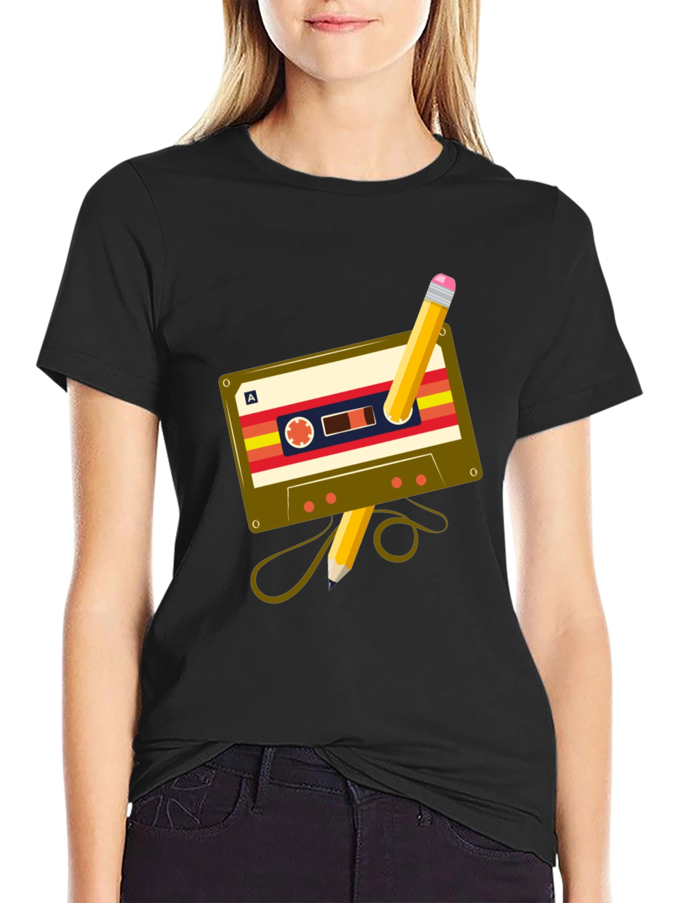 Black Retro Cassette & Pencil Graphic Tee - Music Lover's T-Shirt view 2