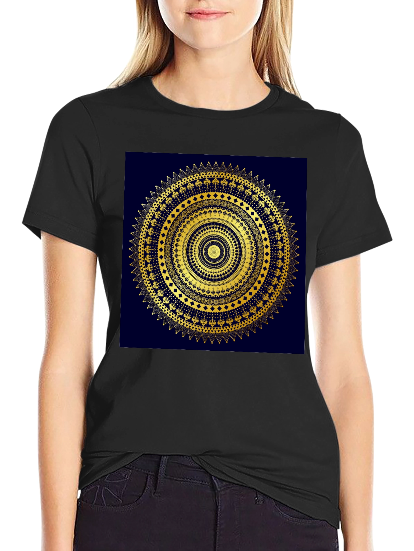 Black Gold Mandala Design Black T-Shirt view 2
