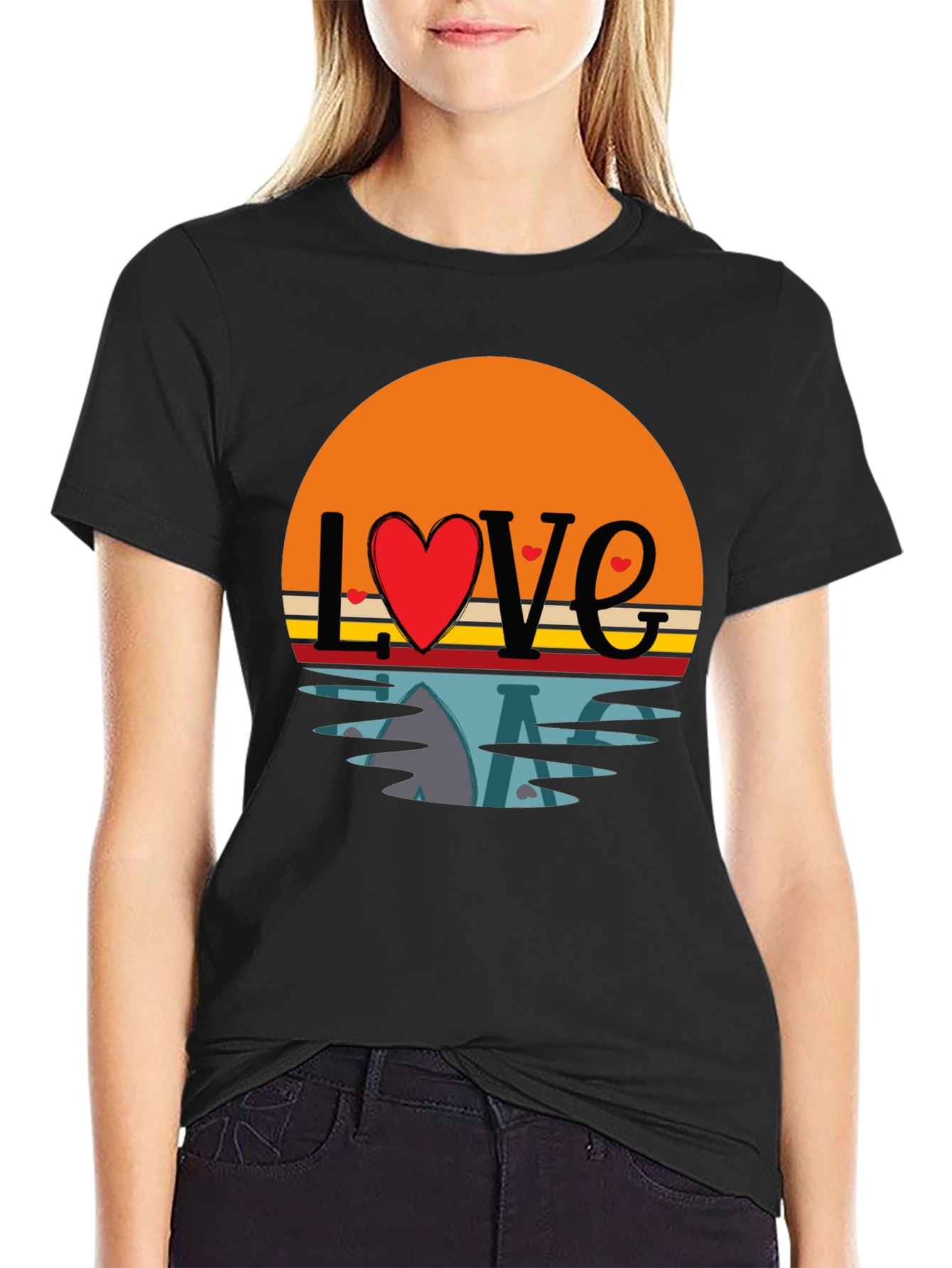 Black Retro Love Sunset Graphic T-Shirt view 2