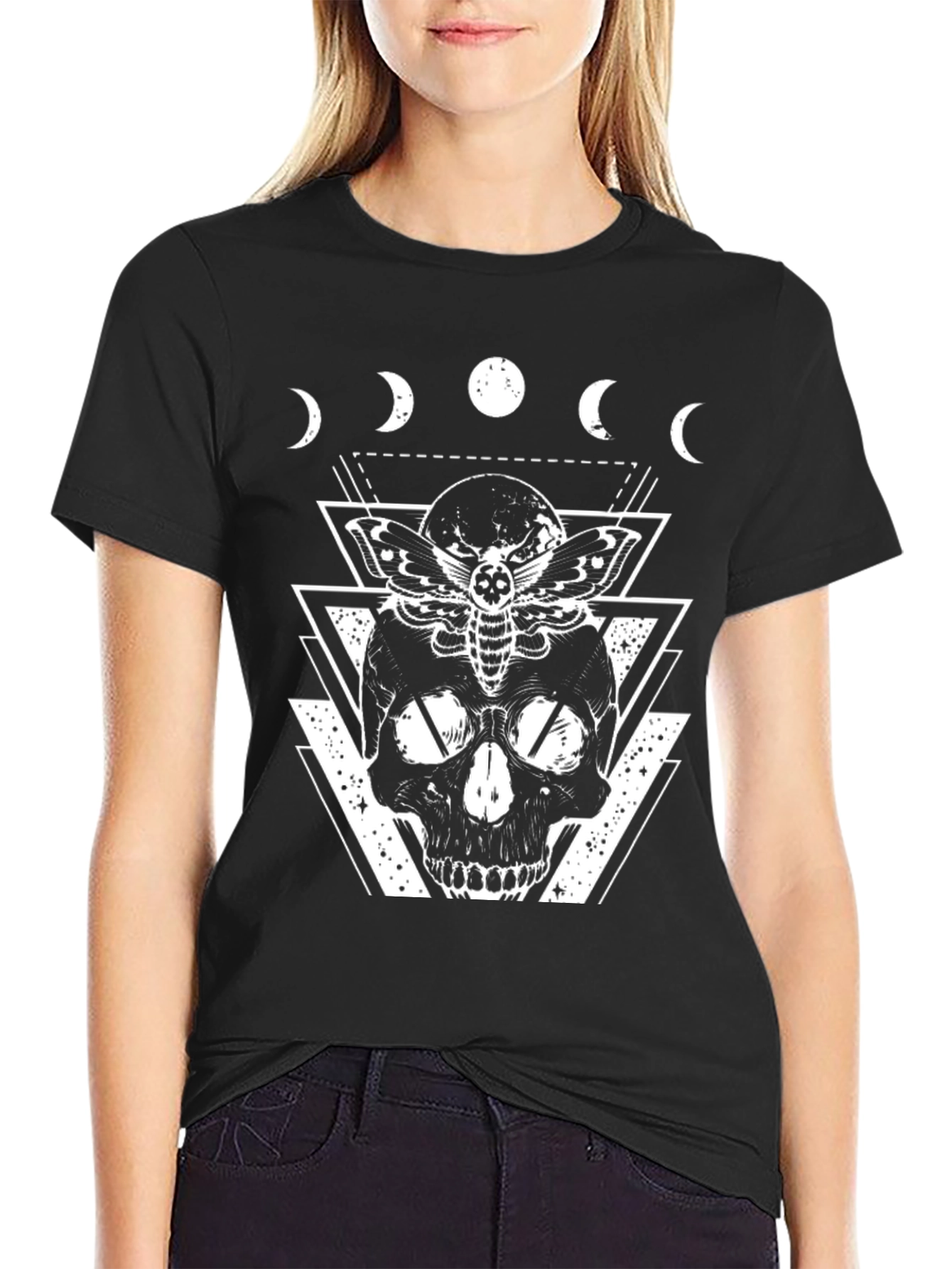 Skull & Moth Graphic Tee - Black Gothic Design - 2