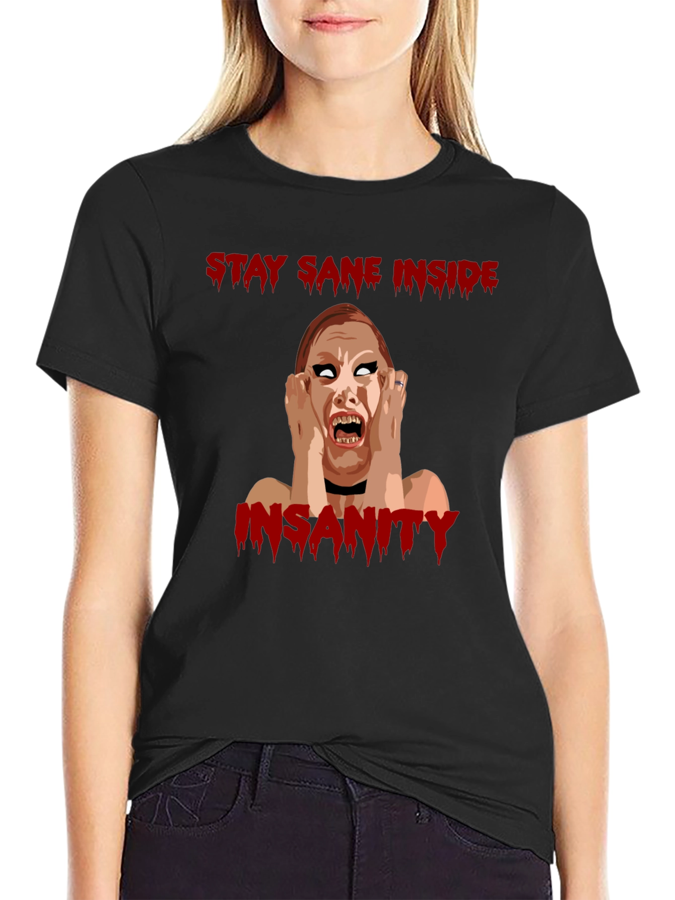 Black Stay Sane Inside Horror Graphic T-Shirt view 2