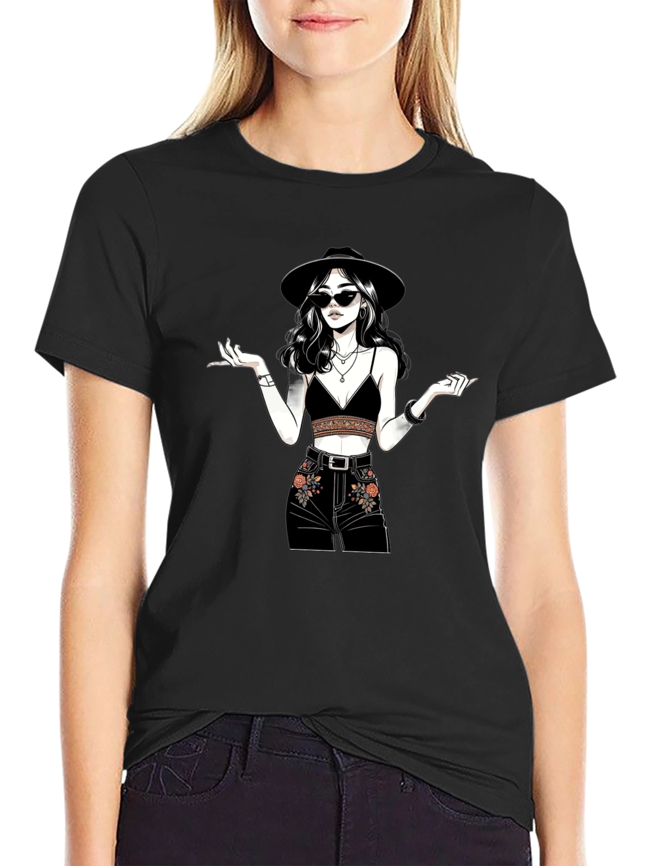 Black Stylish Graphic Print T-Shirt - Boho Chic view 2