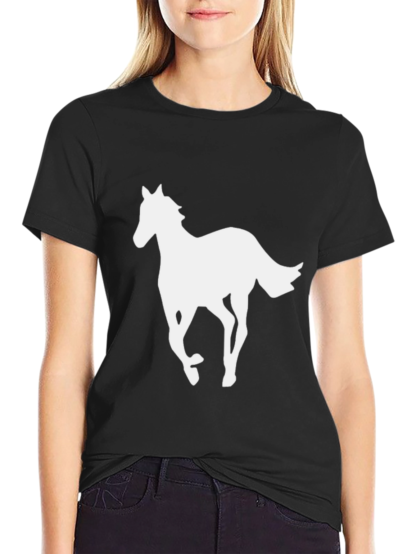 Black Black T-Shirt with White Horse Graphic view 2