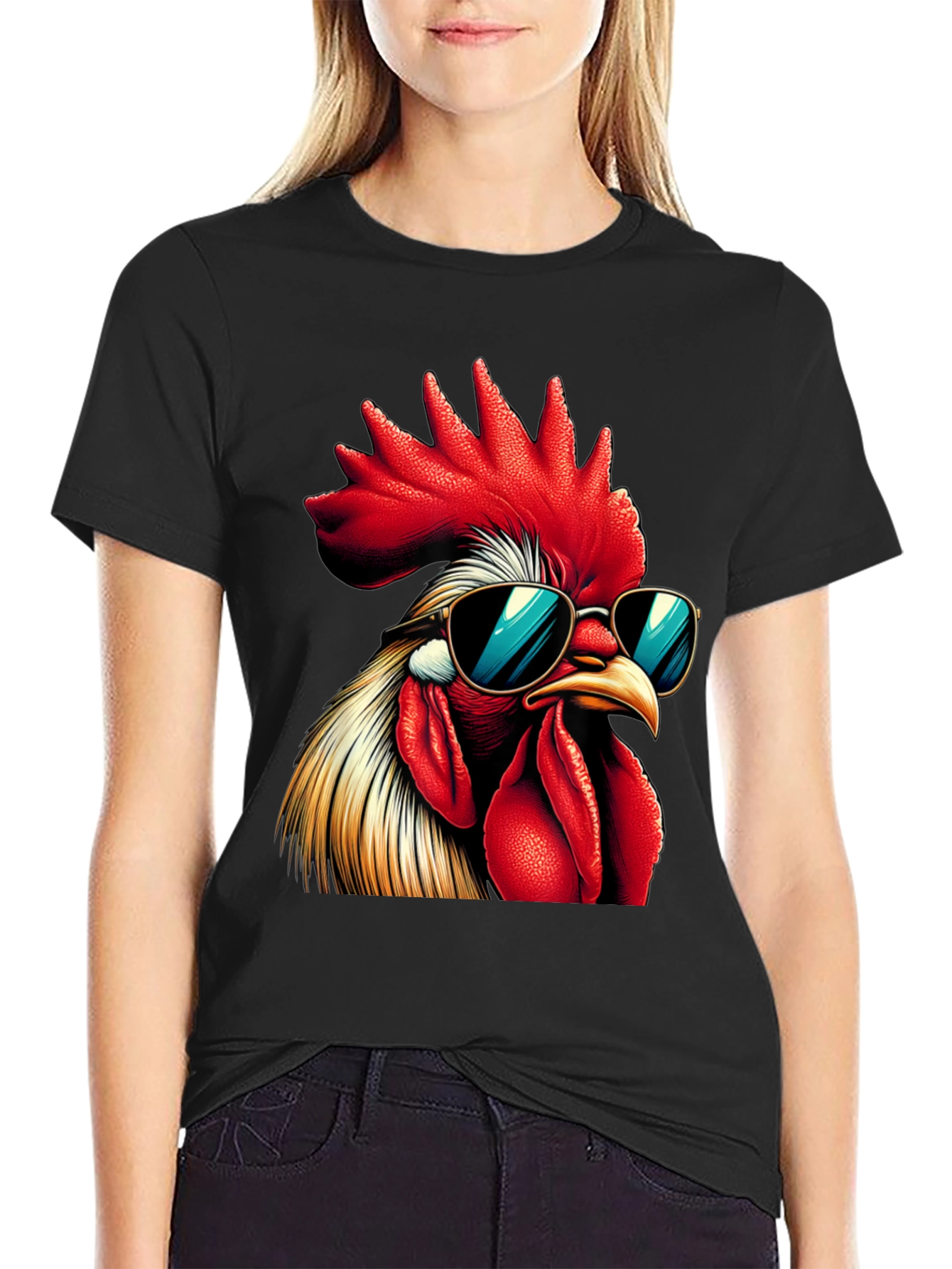 Black Cool Rooster Graphic Tee - Funny Chicken T-Shirt view 2
