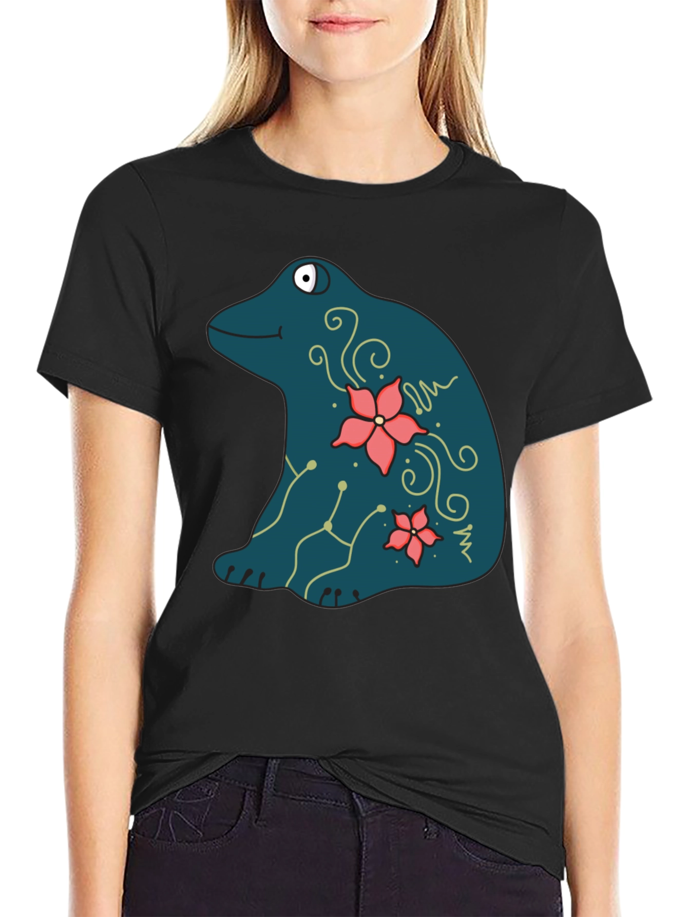 Black Frog and Flower Graphic Print Black T-Shirt view 2