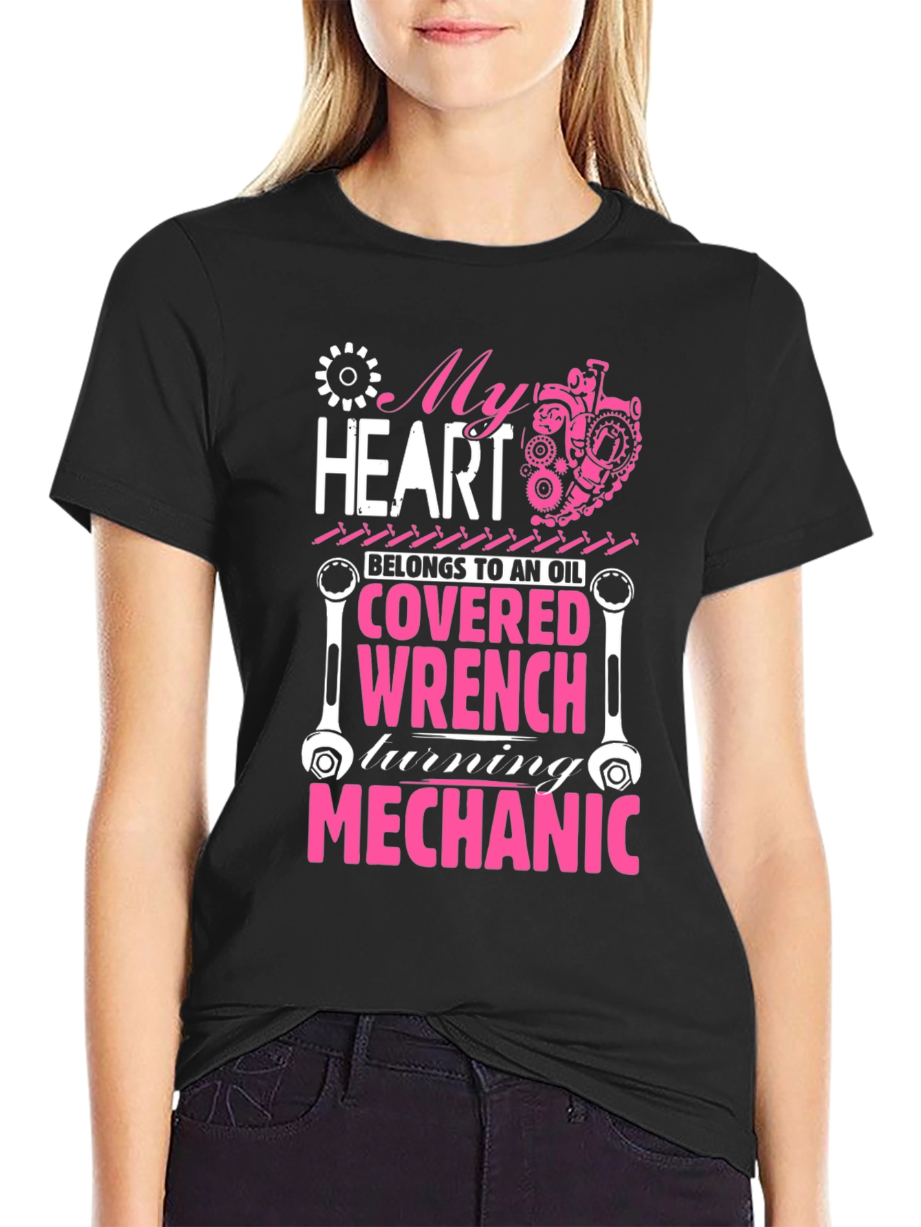 Black Mechanic Heart T-Shirt: Oil Covered Wrench Design view 2