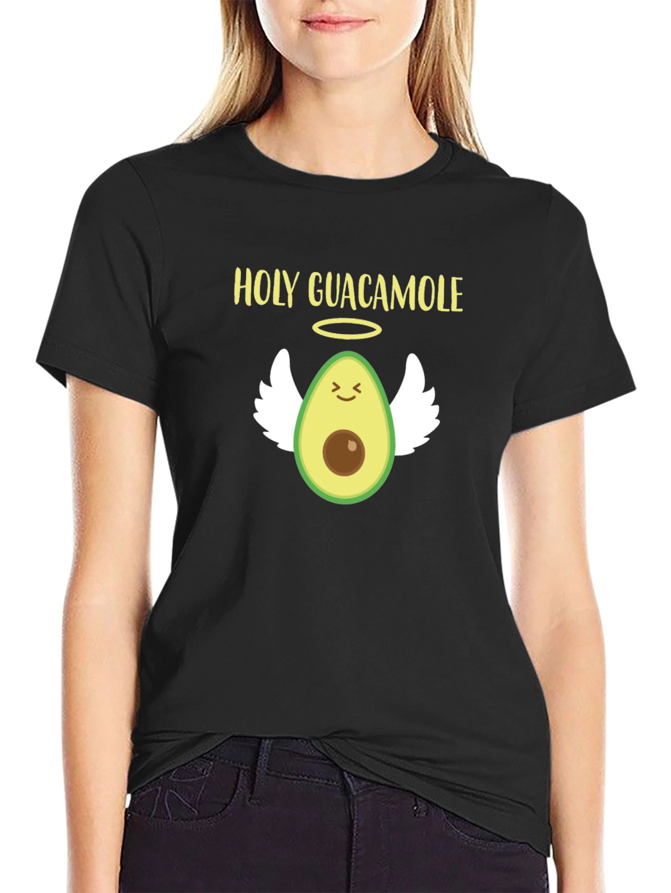 Black Holy Guacamole Avocado Angel Graphic T-Shirt view 2