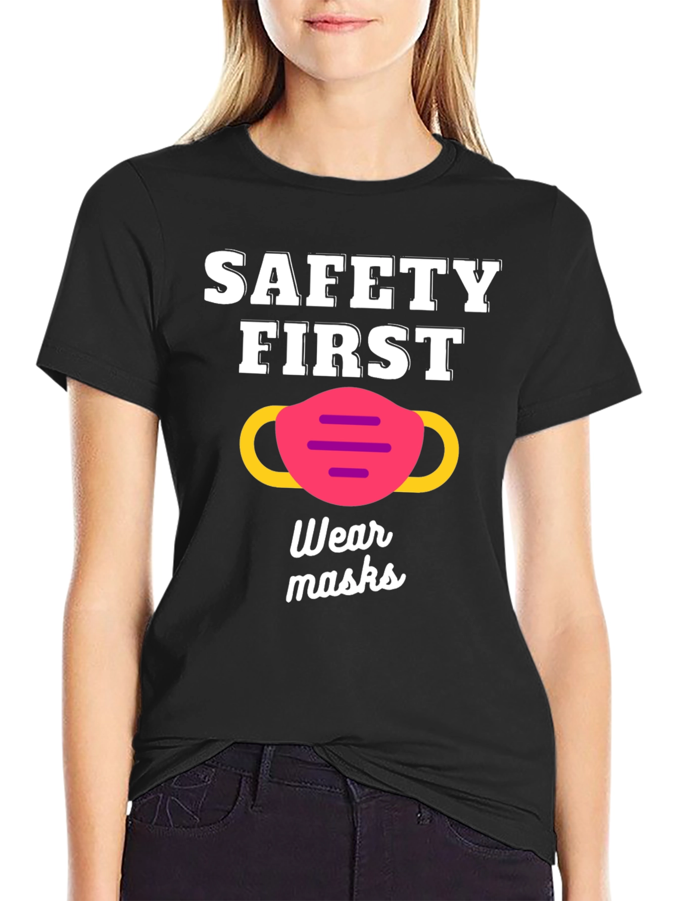 Black Safety First Wear Masks Graphic Tee view 2