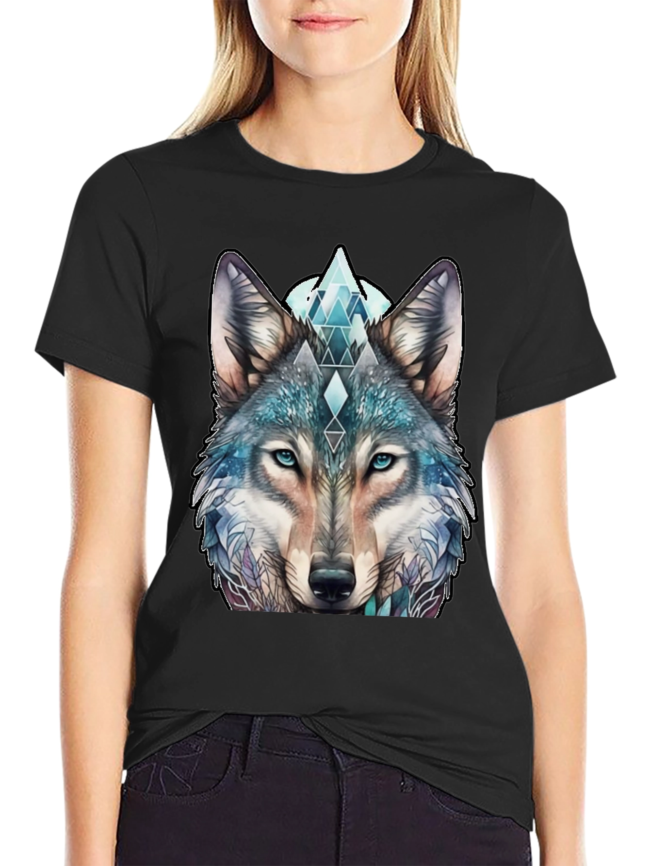 Black Wolf Graphic Tee - Geometric Design, Soft Cotton view 2