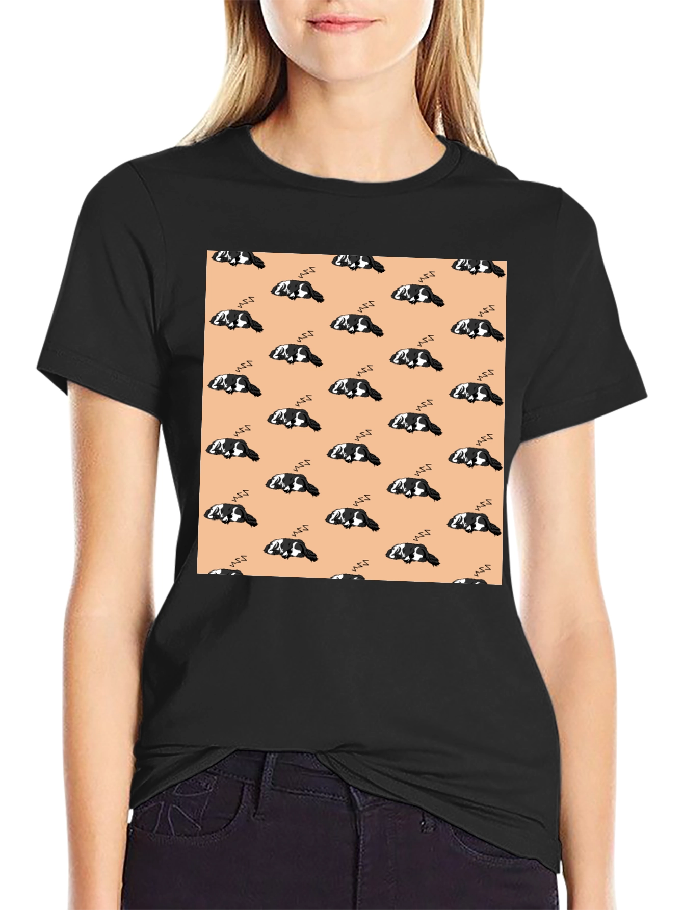 Cute Sleeping Dog Pattern Black T-Shirt - 2