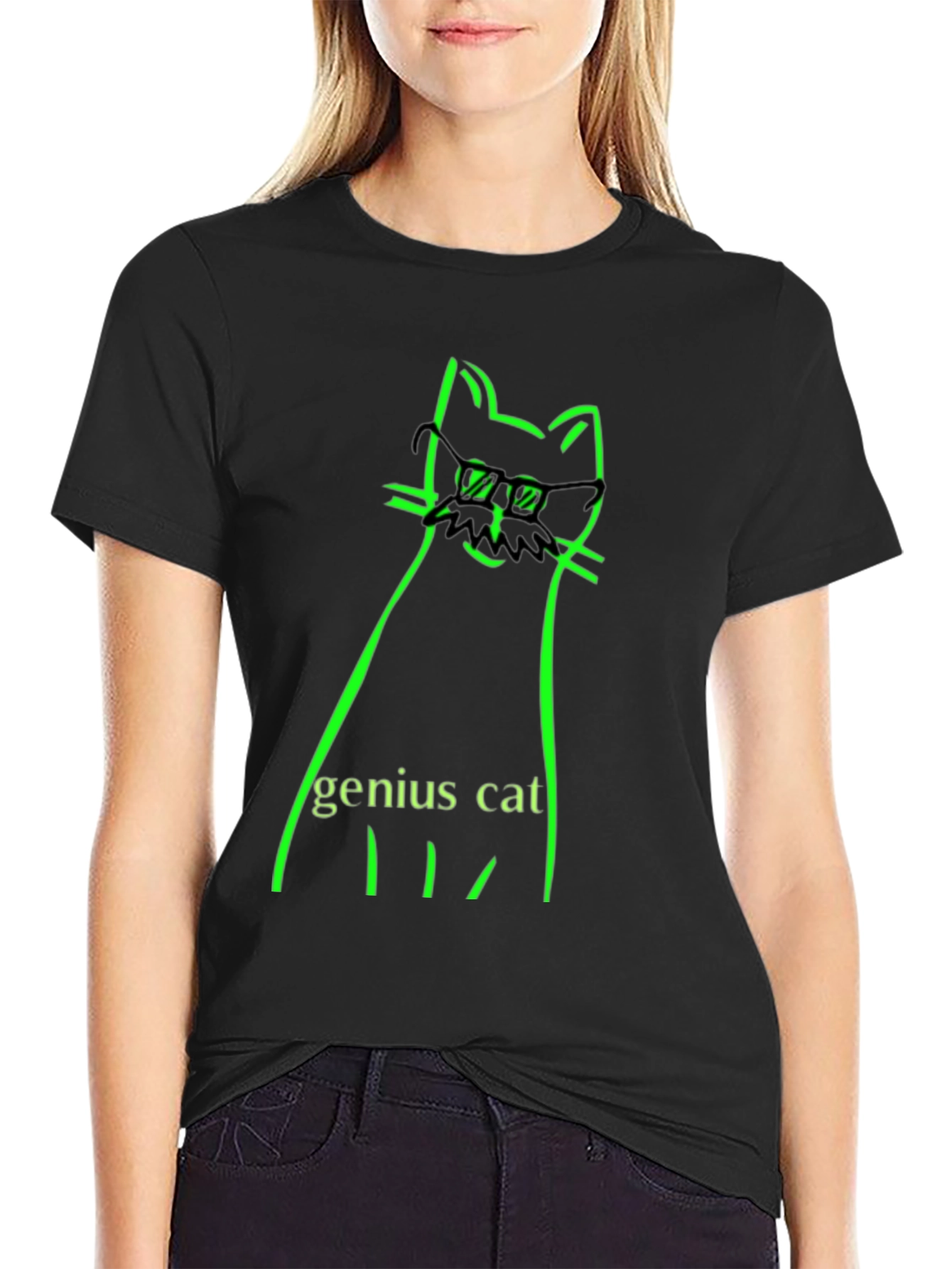 Black Genius Cat Black T-Shirt - Whimsical & Clever Design view 2
