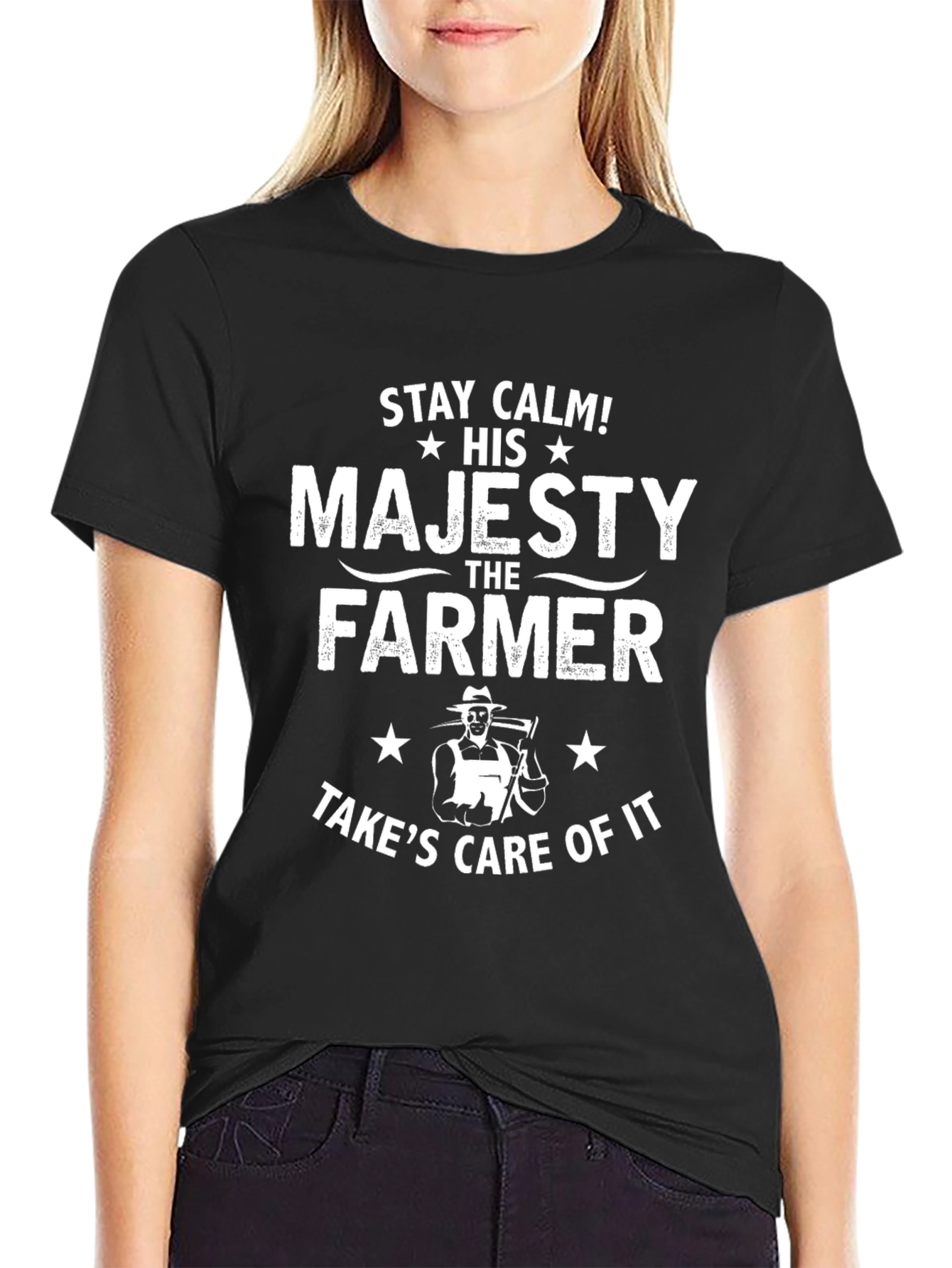 Black Stay Calm Majesty Farmer T-Shirt view 2