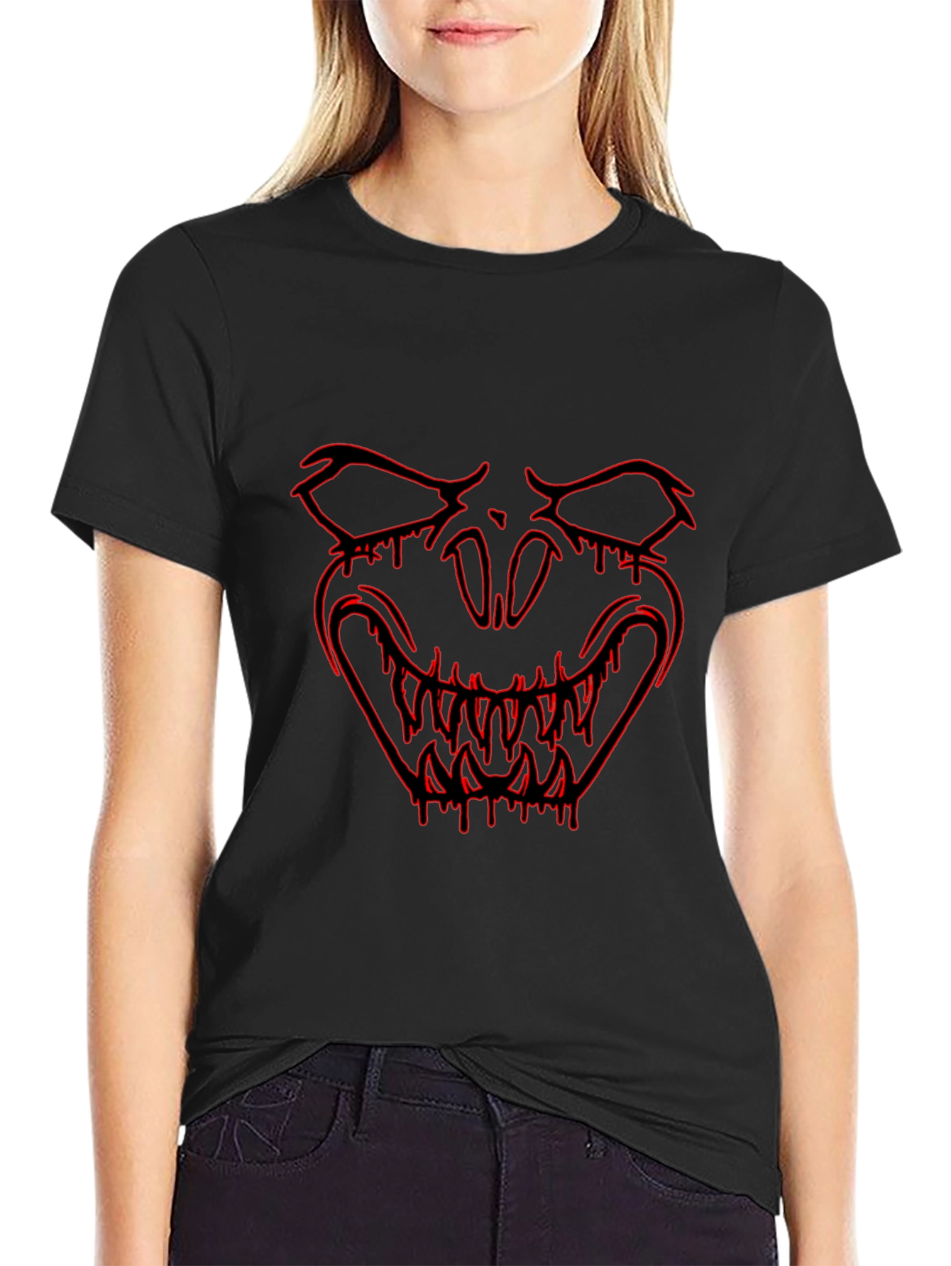 Black Men's Black T-Shirt with Red Monster Graphic view 2