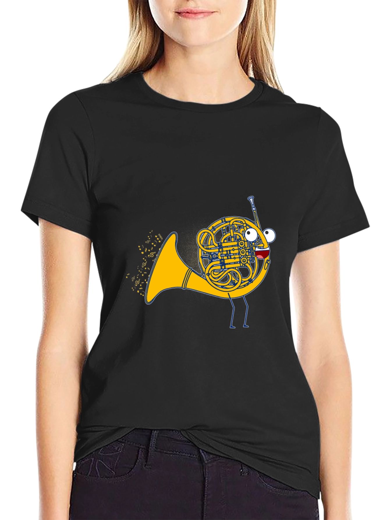 Black Musical French Horn Cartoon T-Shirt view 2