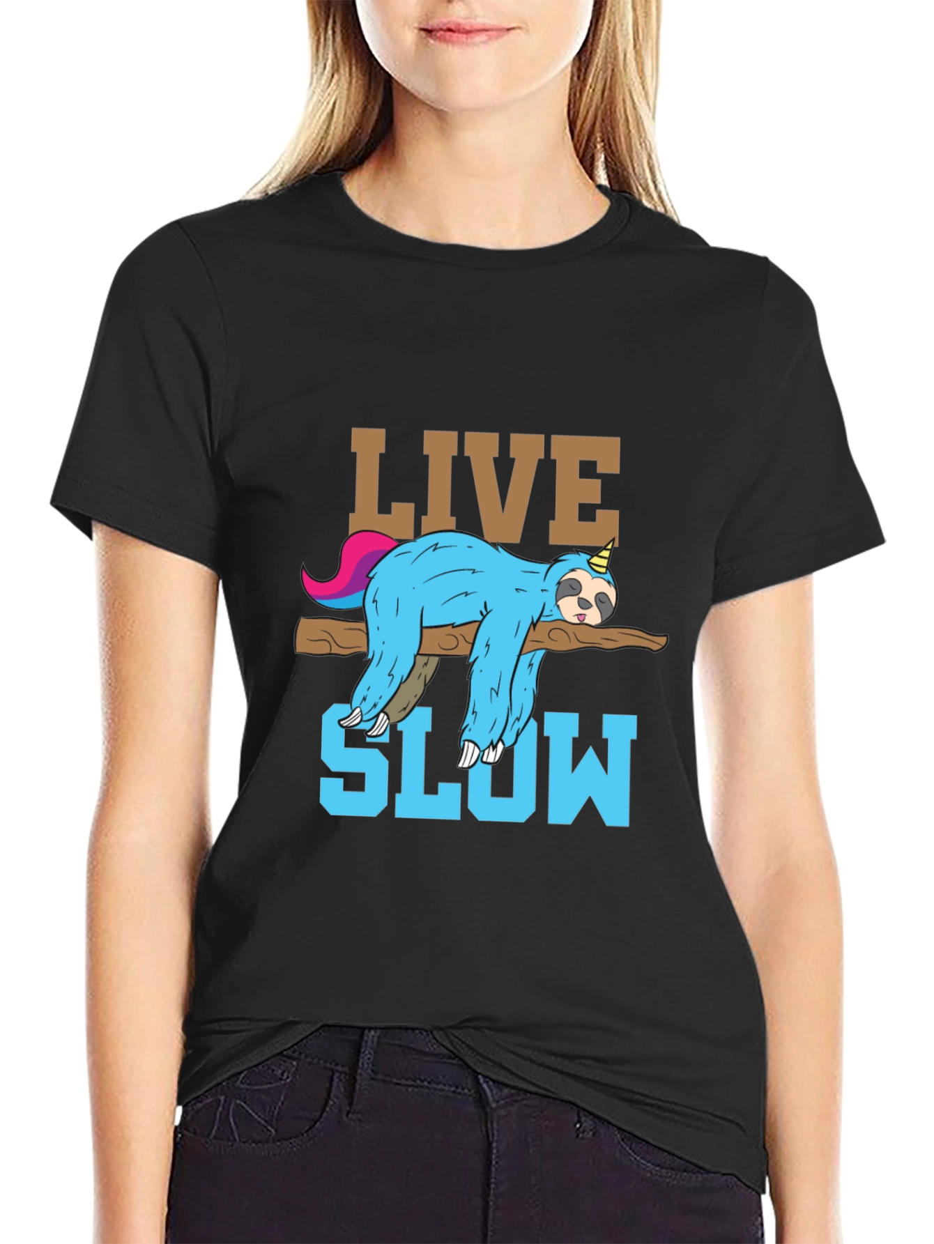 Black Live Slow Sloth T-Shirt - Relaxed Unisex Tee view 2