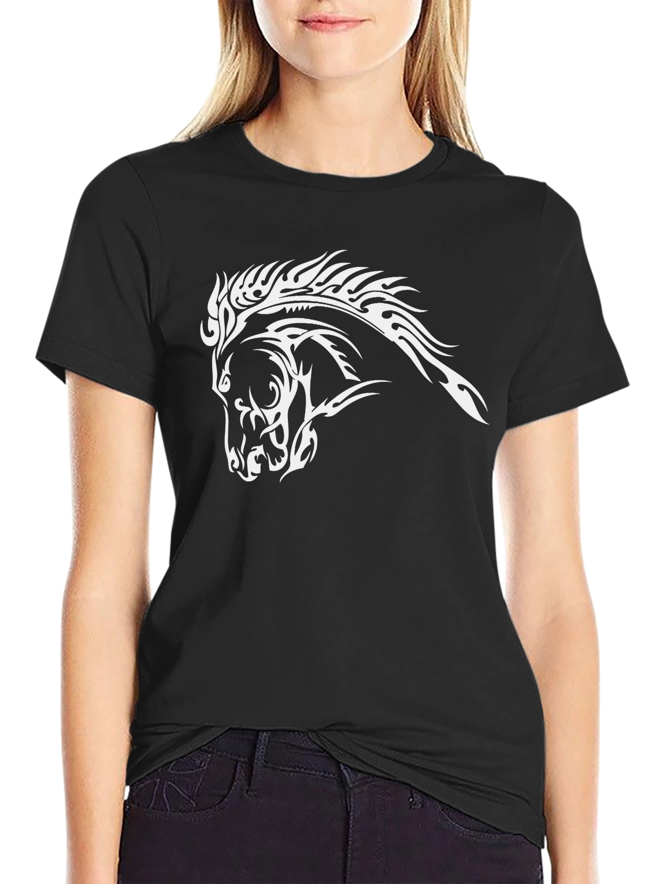 Black Black T-Shirt with Tribal Horse Head Design view 2