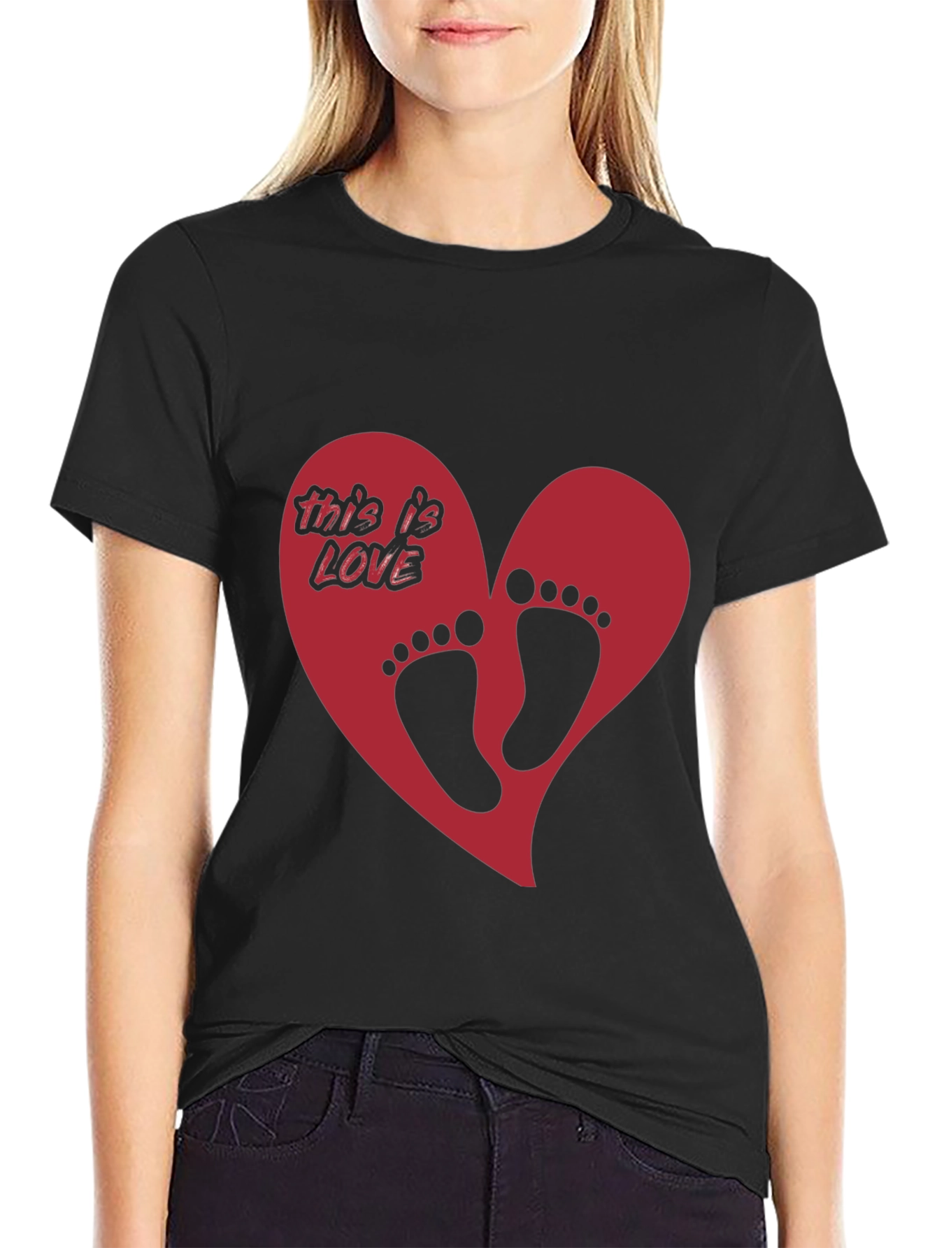 Black Love Footprint Heart Graphic Tee - Trendy Black T-Shirt view 2