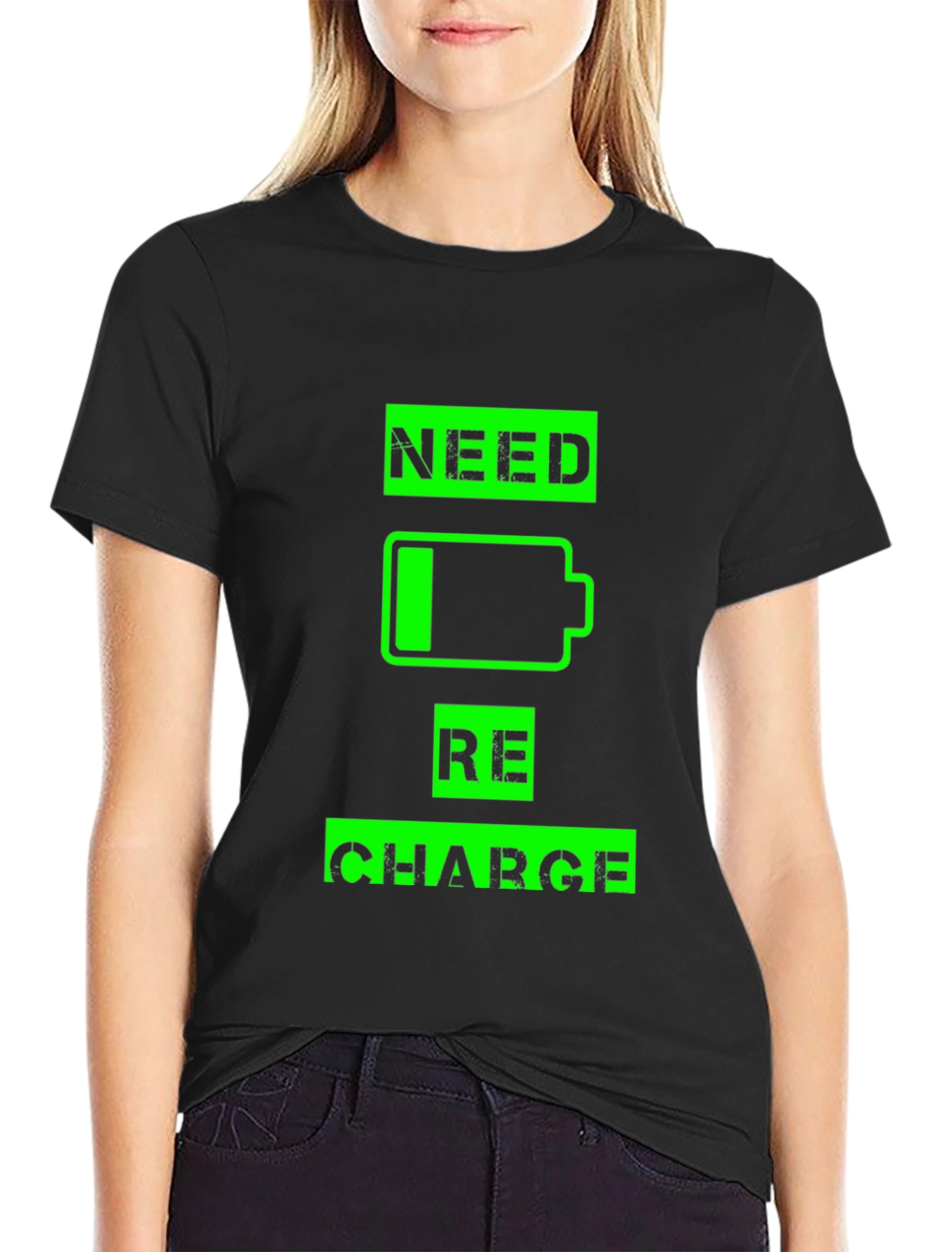 Black Need Recharge T-Shirt - Black Crew Neck Graphic Tee view 2