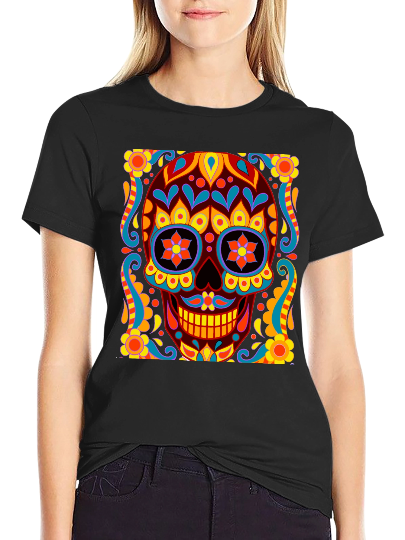Black Day of the Dead Skull Graphic Black T-Shirt view 2