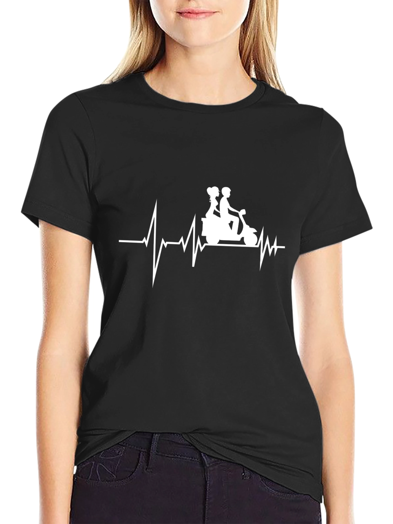 Black Heartbeat Scooter Couple T-Shirt - Black view 2