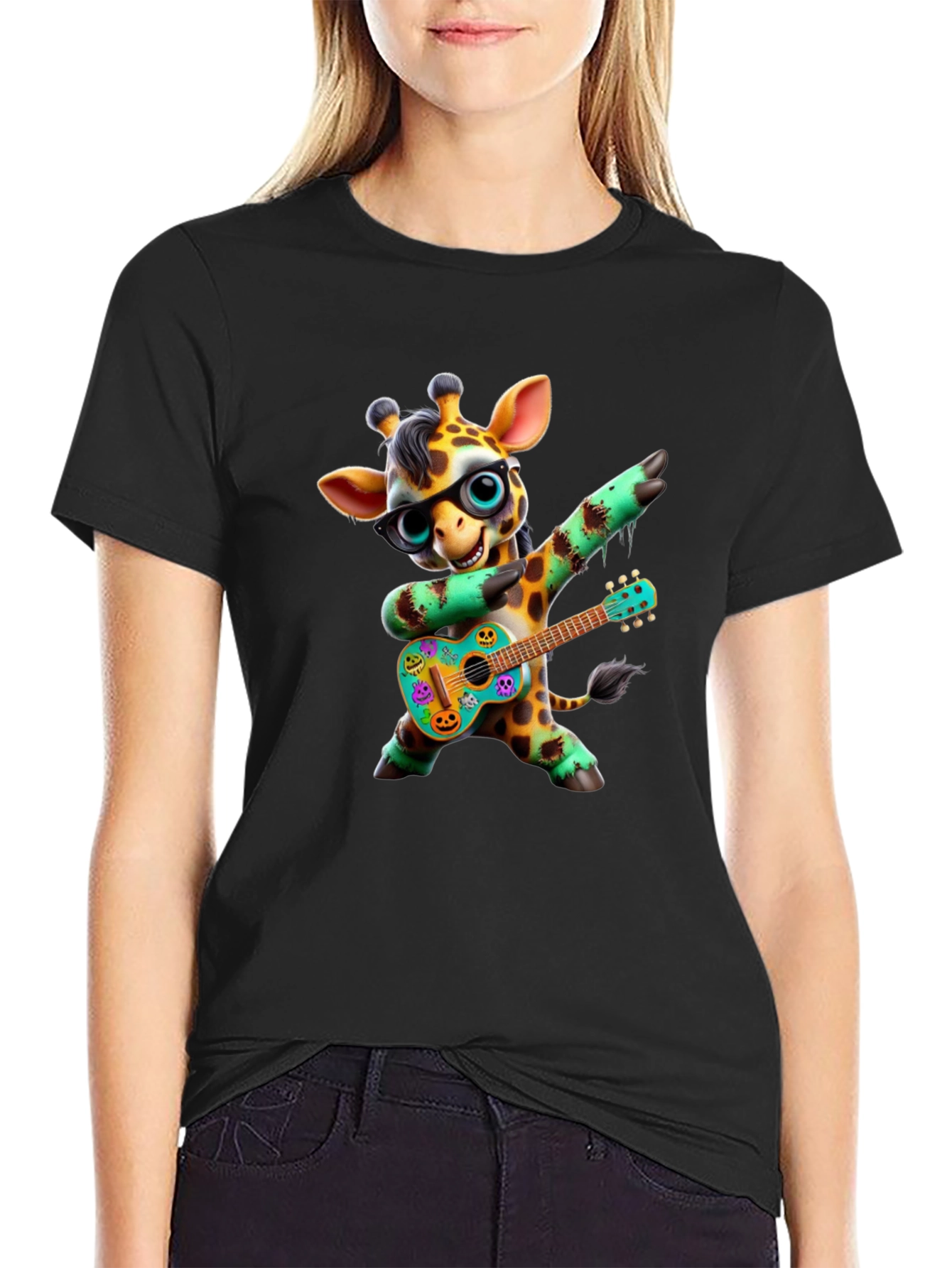 Black Giraffe Guitar Player Graphic Tee - Black view 2