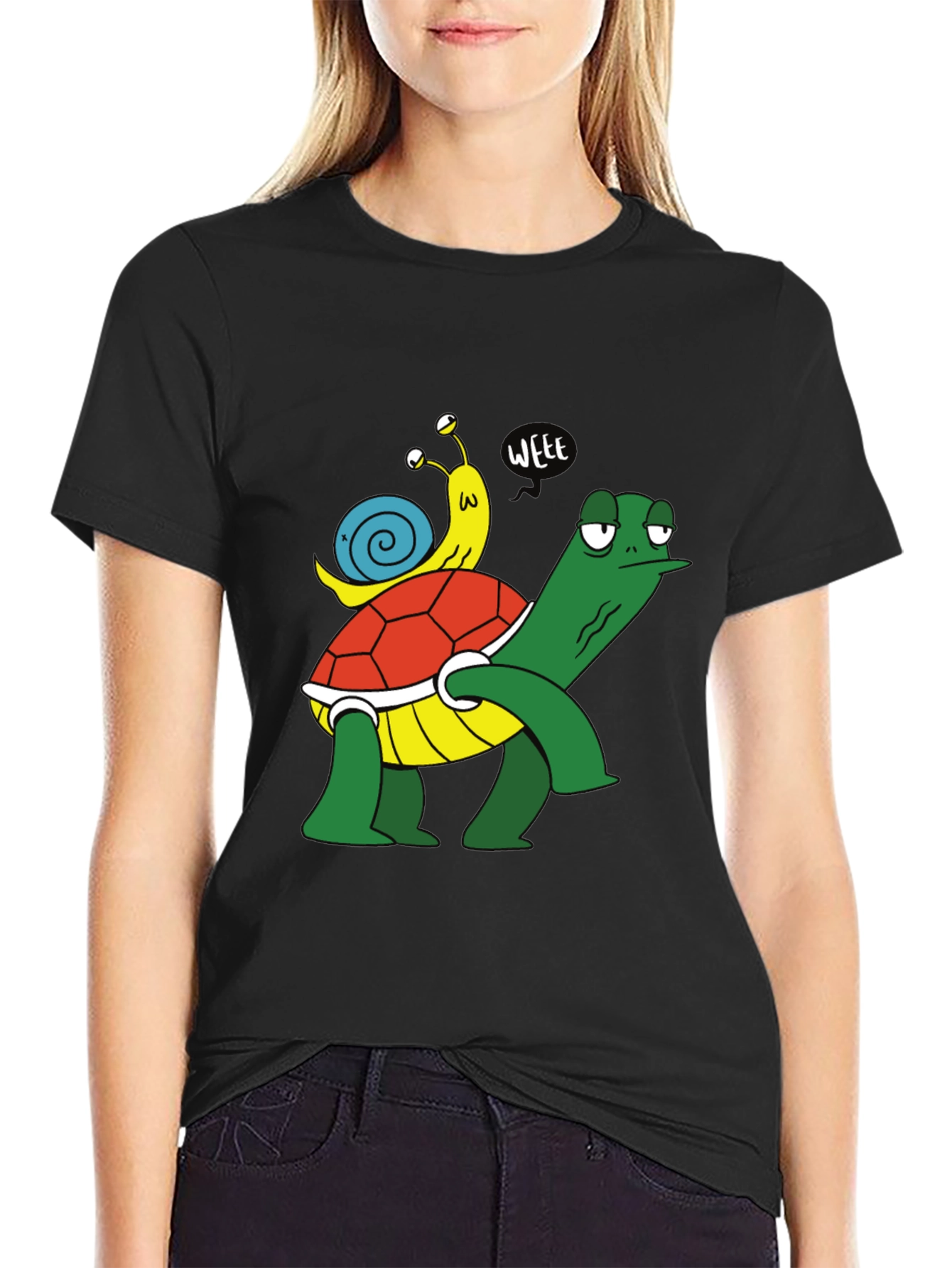 Black Funny Turtle and Snail Cartoon Black T-Shirt view 2