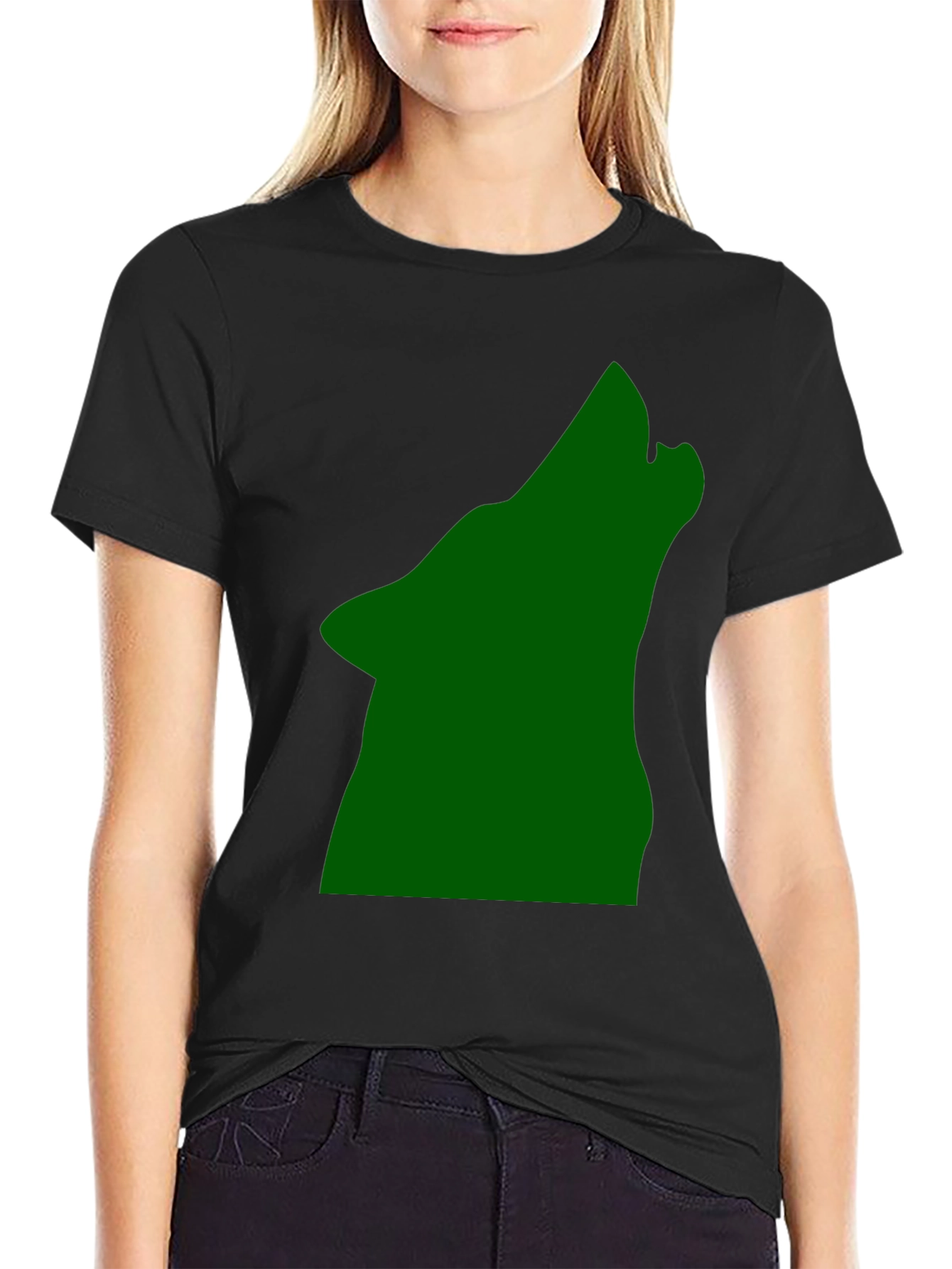 Black Black T-Shirt with Green Howling Wolf Design view 2