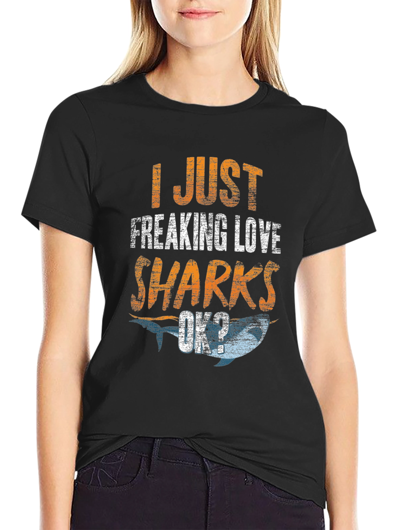 Black I Just Freaking Love Sharks Men's Black T-Shirt view 2