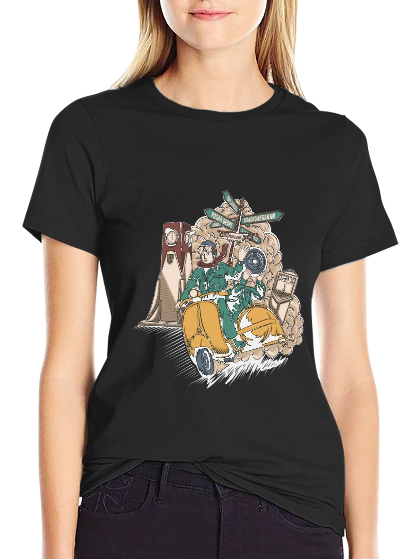 Black Vintage Scooter Graphic Tee - Retro Style view 2