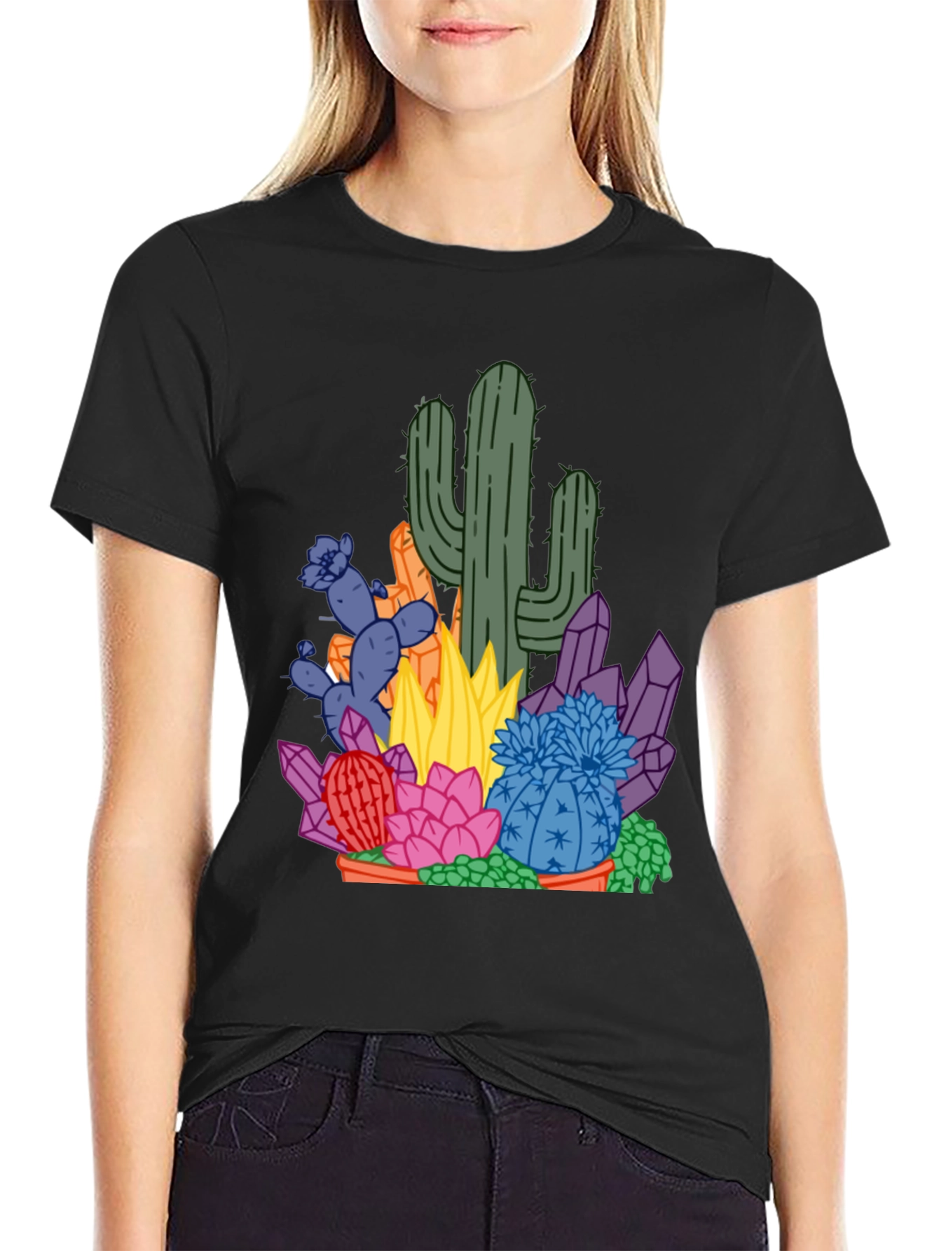Black Cactus & Crystal Graphic Tee - Black Cotton Casual Shirt view 2