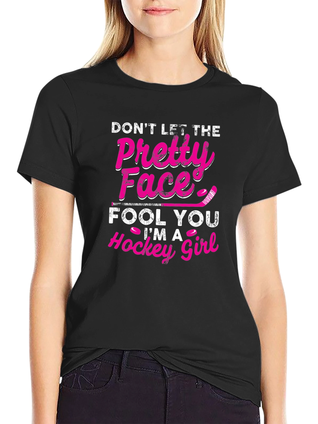 Black Hockey Girl T-Shirt - Don't Let The Pretty Face Fool You view 2