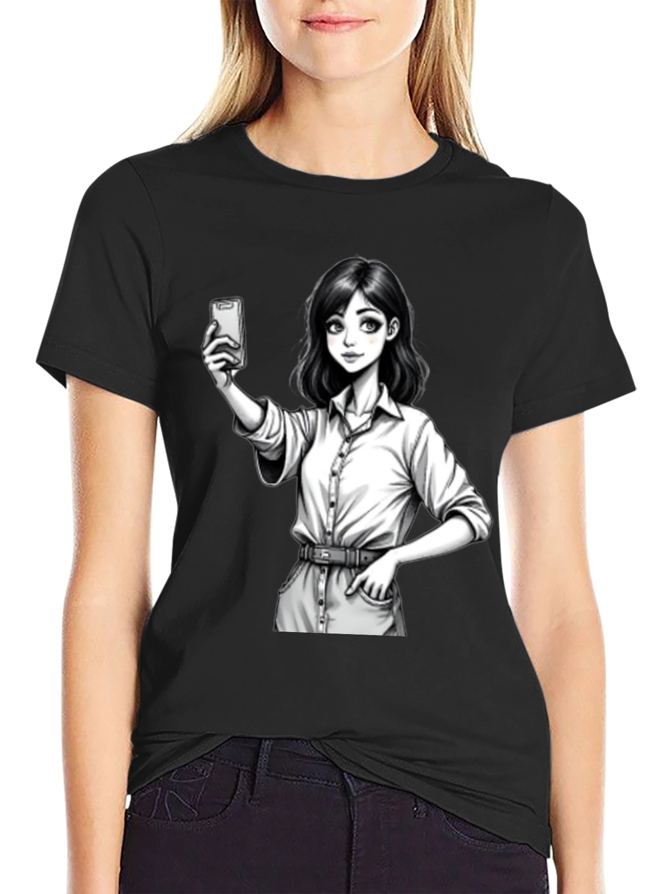 Black Anime Girl Selfie Black T-Shirt view 2