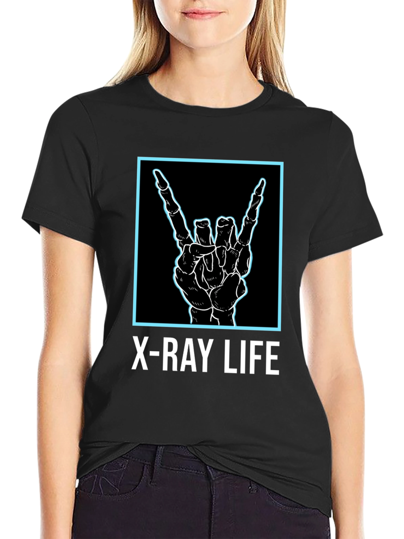 Black X-Ray Life Skeleton Hand Rock On T-Shirt view 2