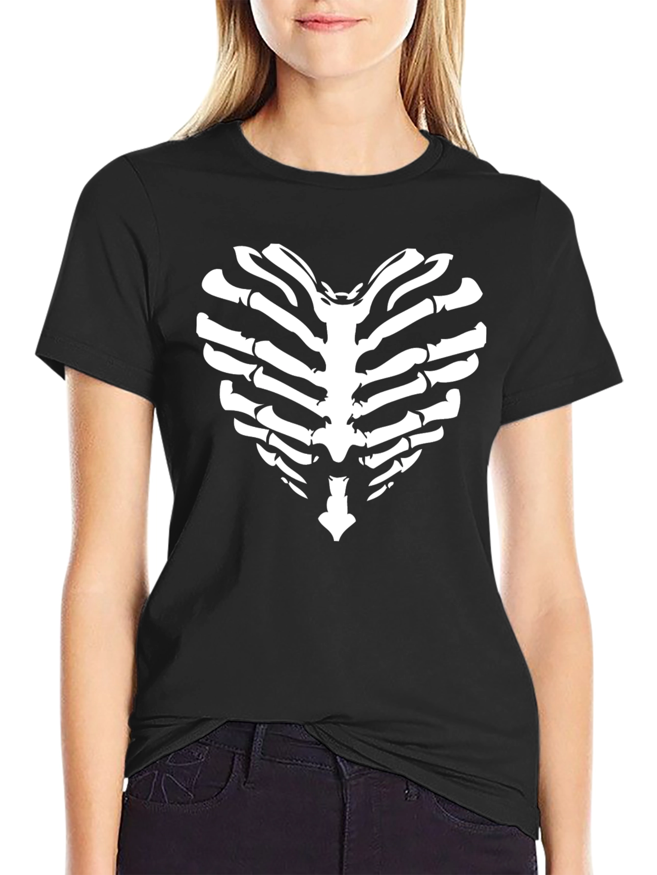 Black Rib Cage Heart Graphic Tee - Unique Skeleton Print view 2