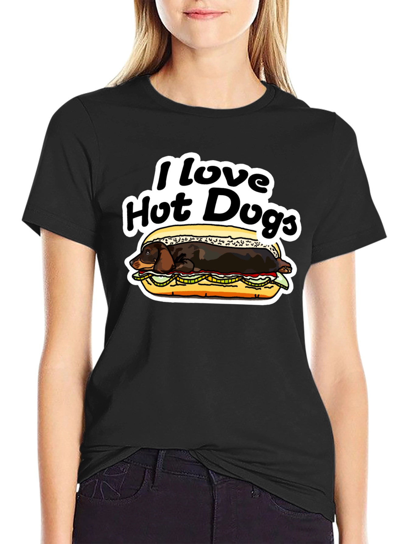 Black I Love Hot Dogs T-Shirt Dachshund Humor Tee view 2