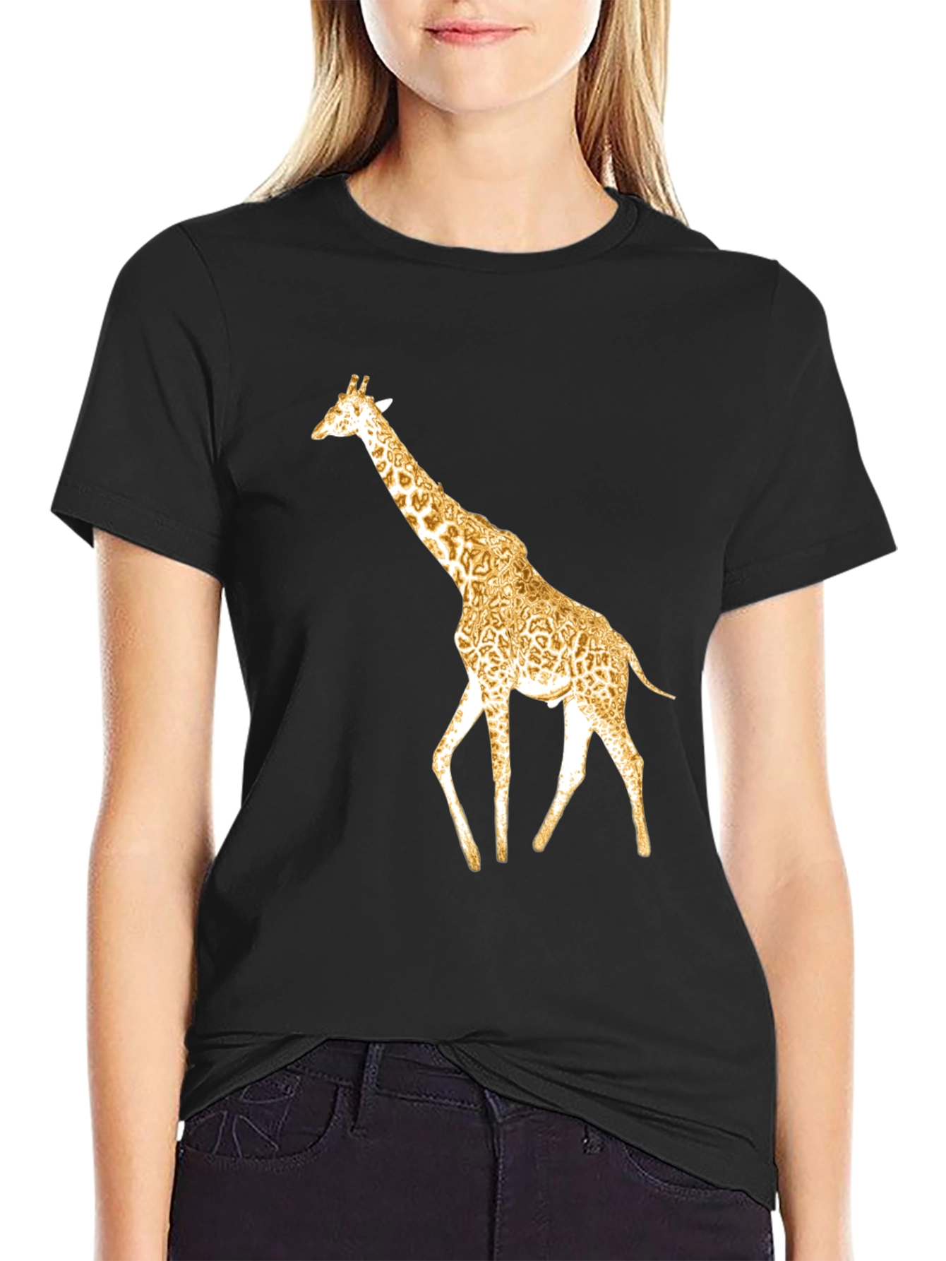Black Stylish Giraffe Print Black T-Shirt view 2