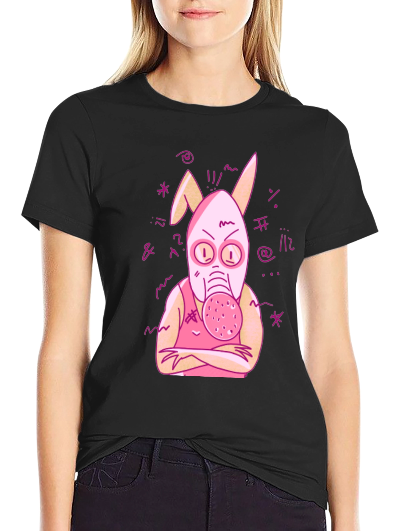 Black Unique Graphic Tee - Pink Bunny Gas Mask Design view 2
